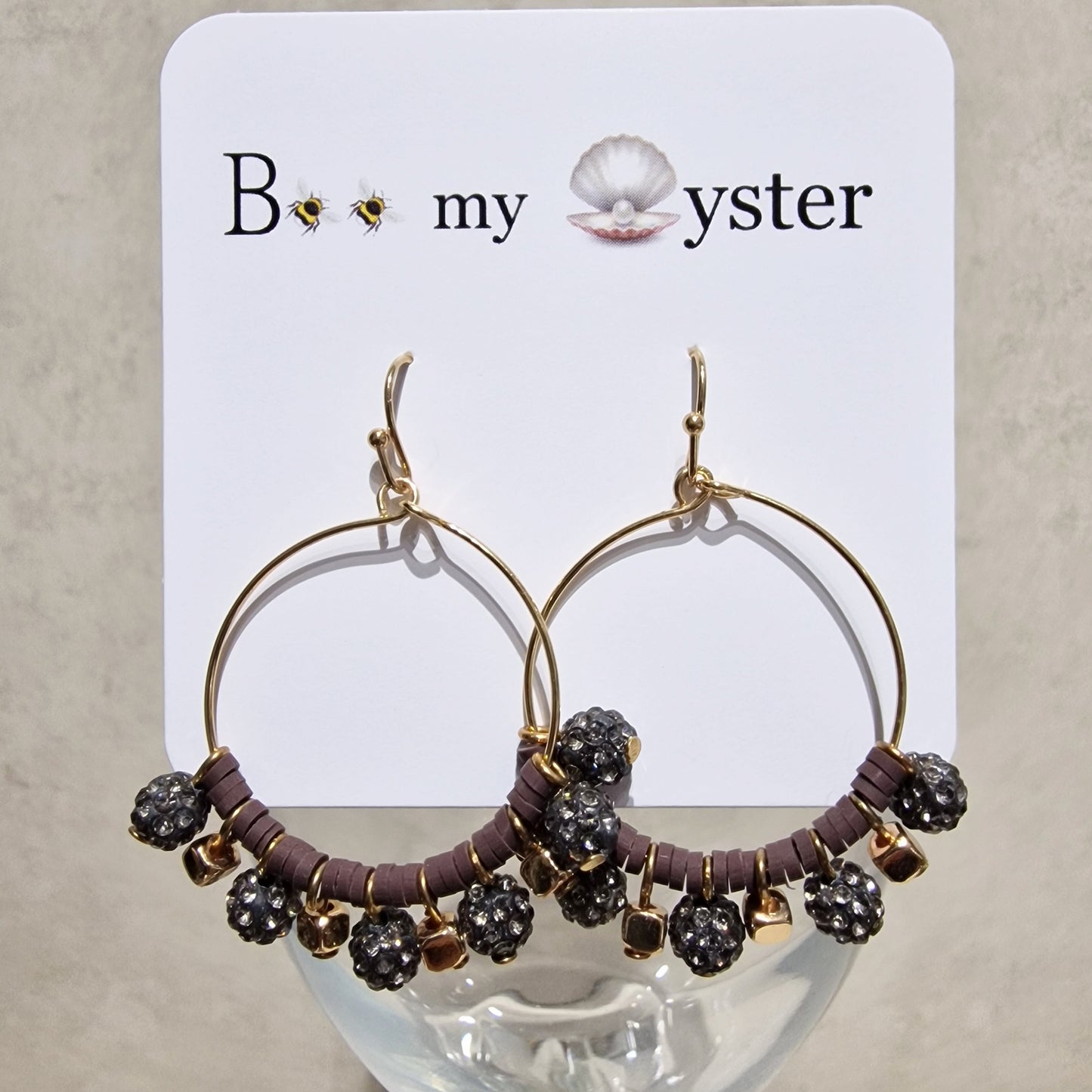 Black Diamond Crystal Ball Beaded Pierced Hoop Fashion Earrings