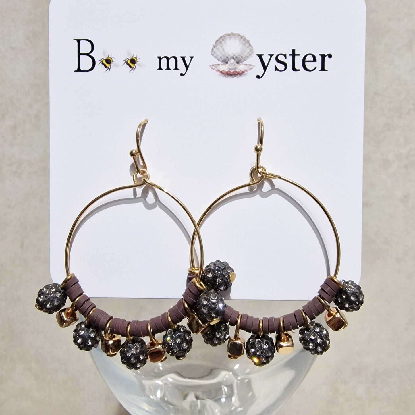 Black Diamond Crystal Ball Beaded Pierced Hoop Fashion Earrings