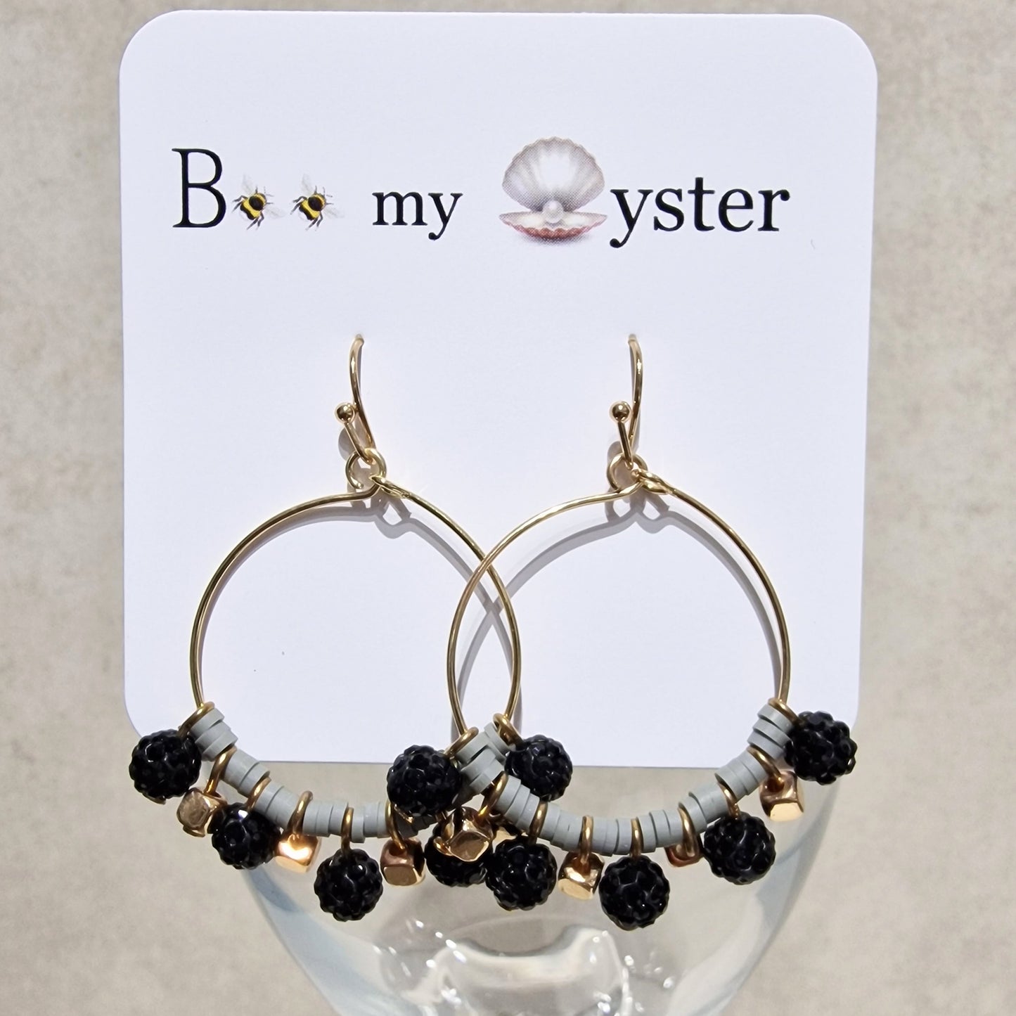 Black Grey Crystal Ball Beaded Pierced Hoop Fashion Earrings
