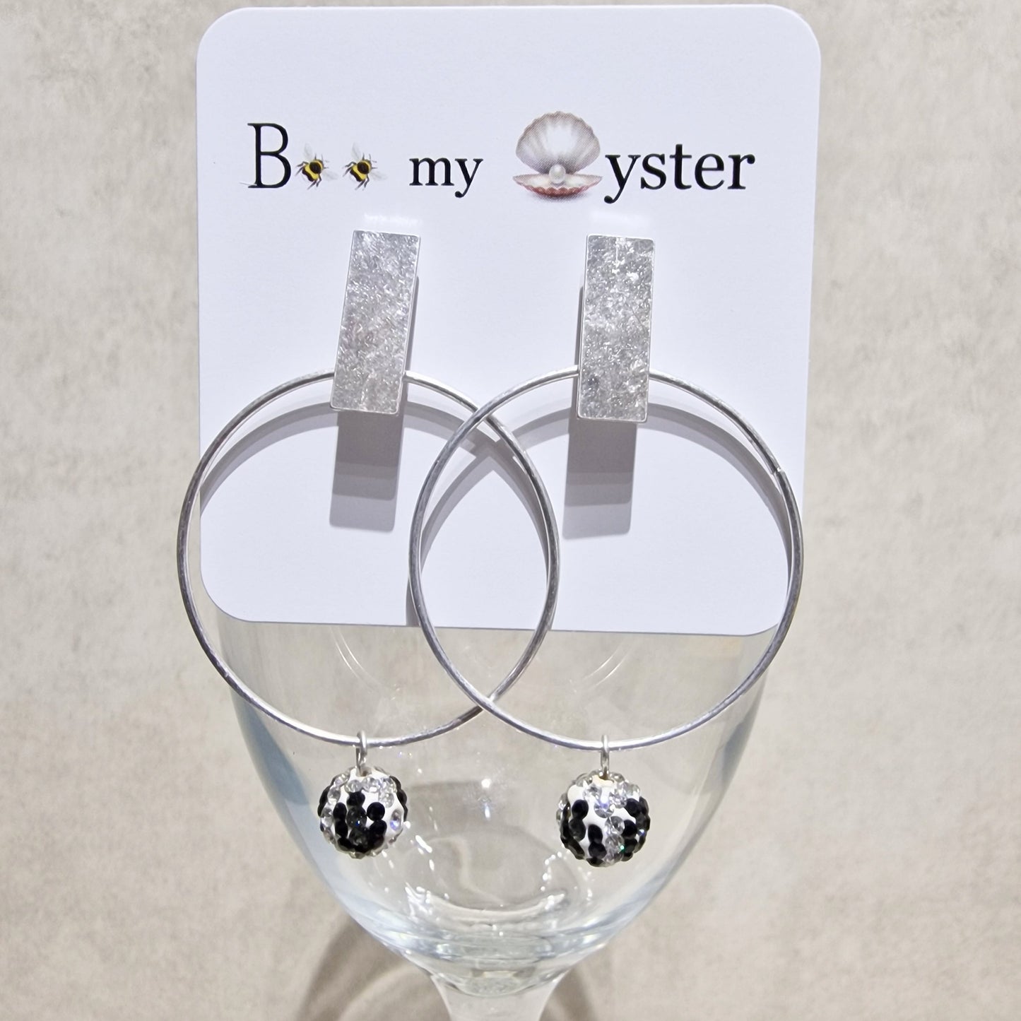 Black & White Crystal Ball Pierced Hoop Silver Fashion Earrings