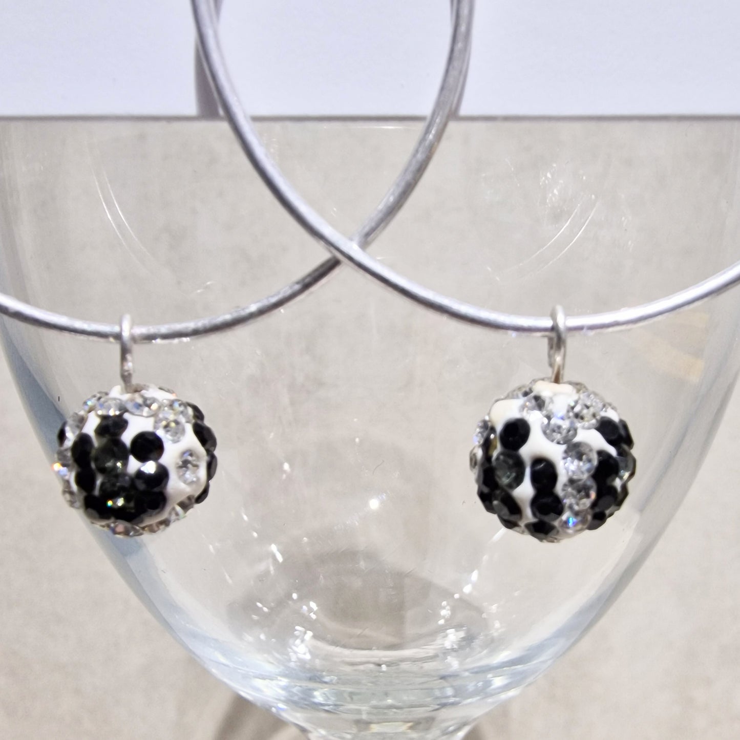 Black & White Crystal Ball Pierced Hoop Silver Fashion Earrings