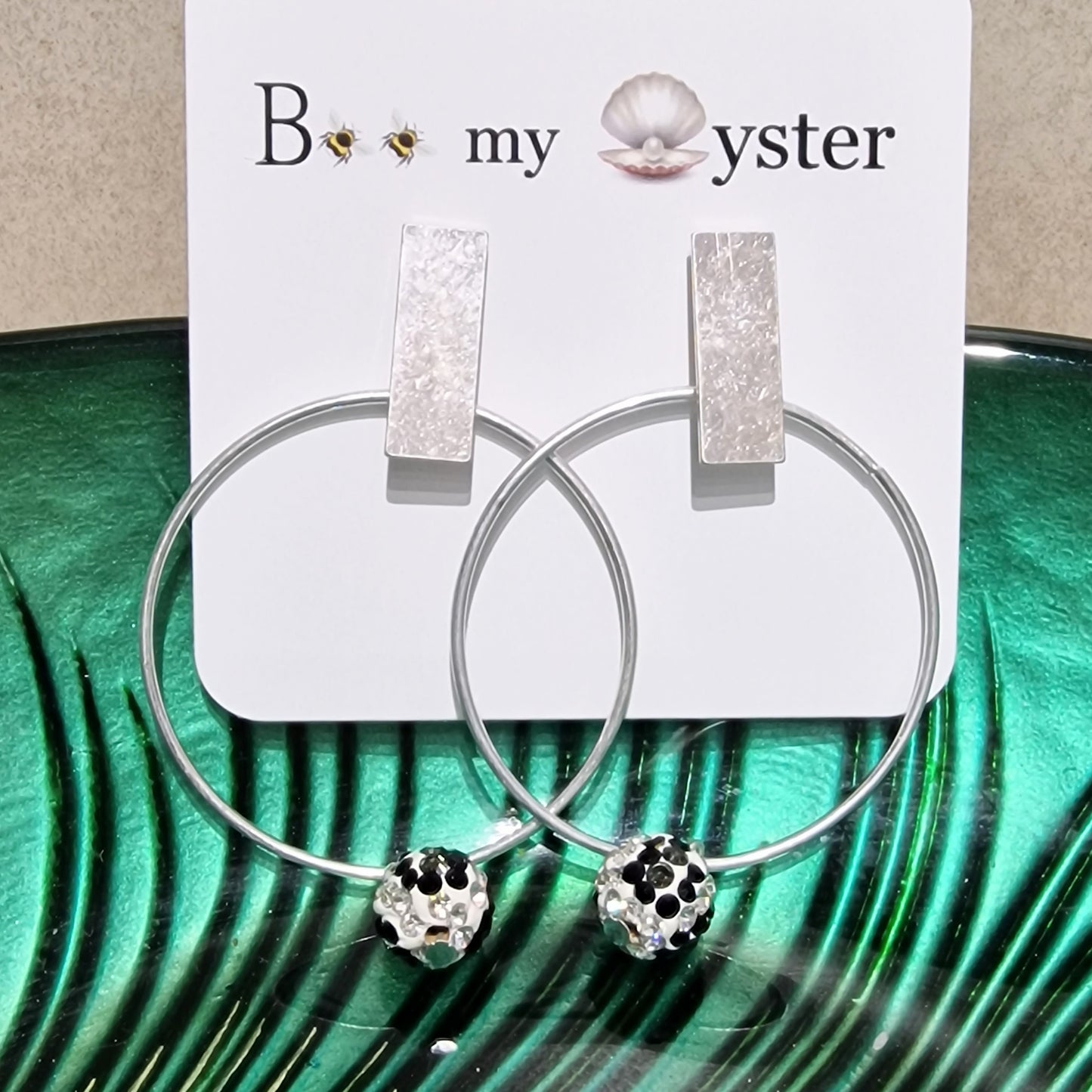 Black & White Crystal Ball Pierced Hoop Silver Fashion Earrings