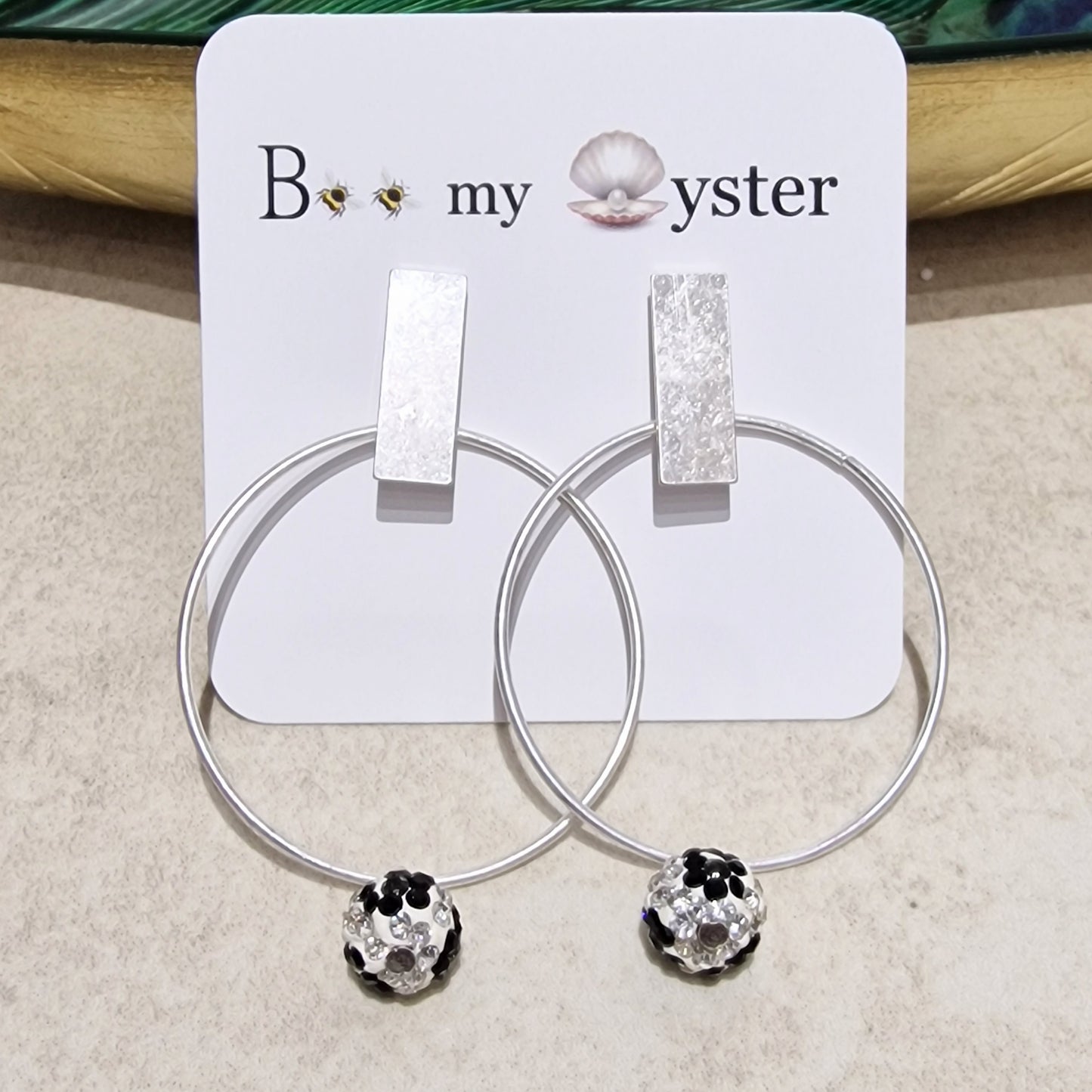 Black & White Crystal Ball Pierced Hoop Silver Fashion Earrings