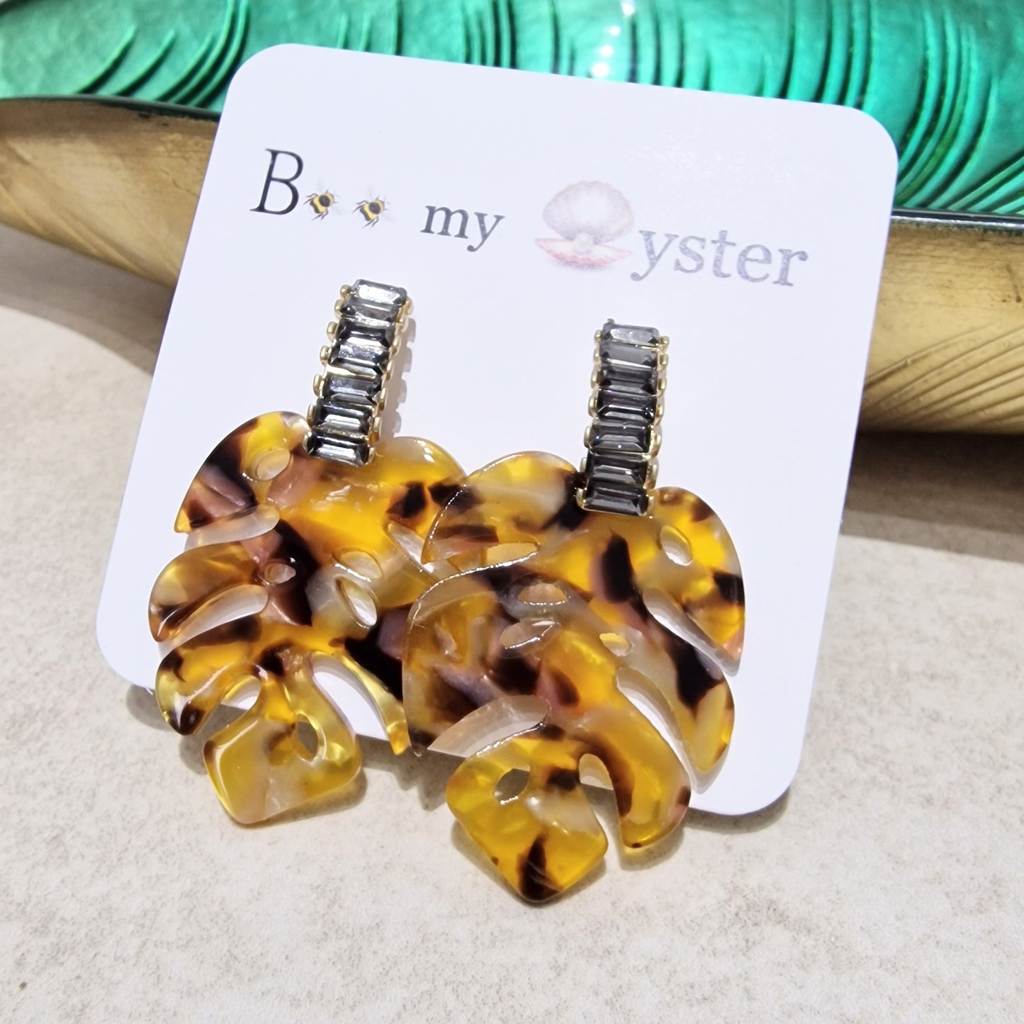 Amber Tortoise Shell Acrylic Palm Leaves Pierced Fashion Earrings