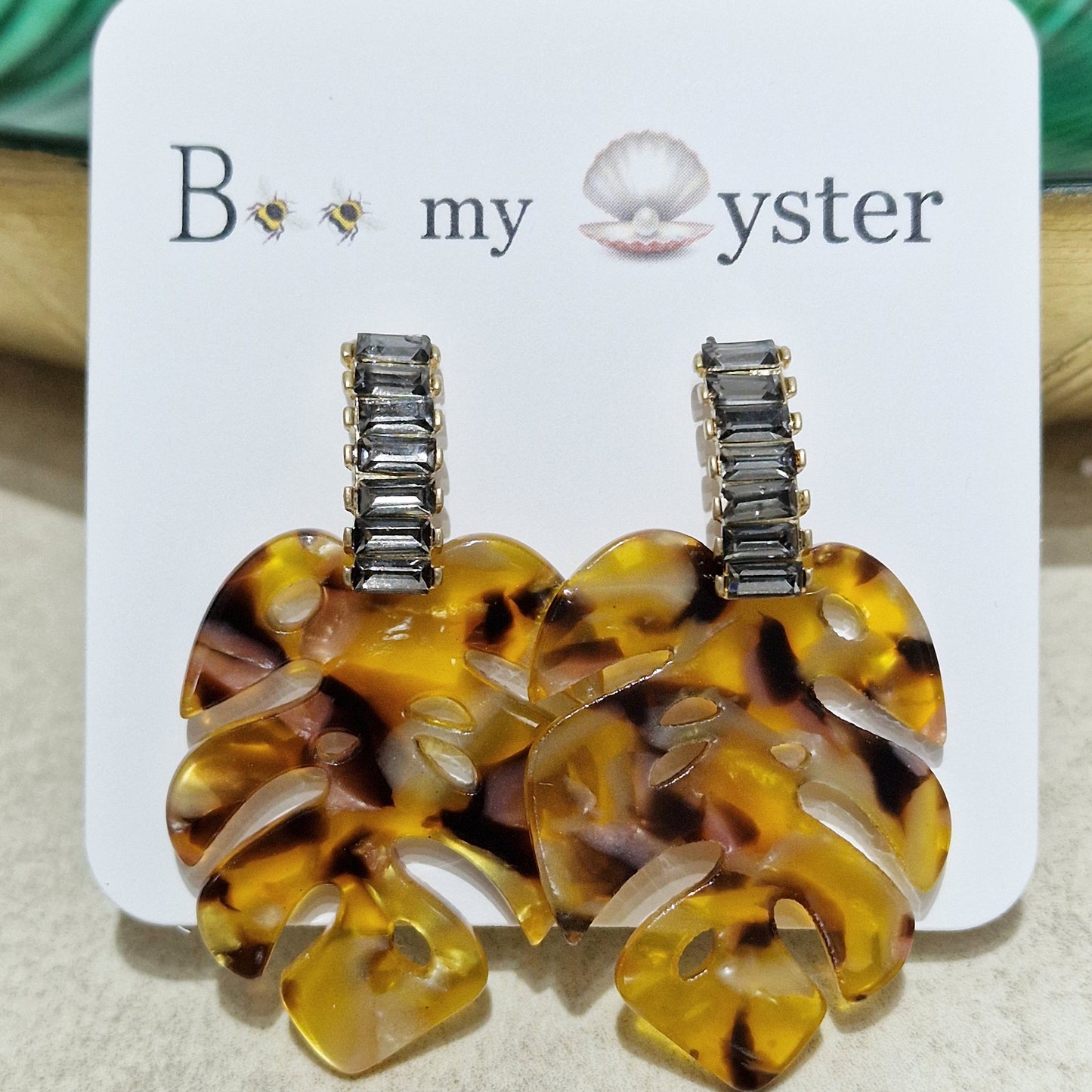 Amber Tortoise Shell Acrylic Palm Leaves Pierced Fashion Earrings