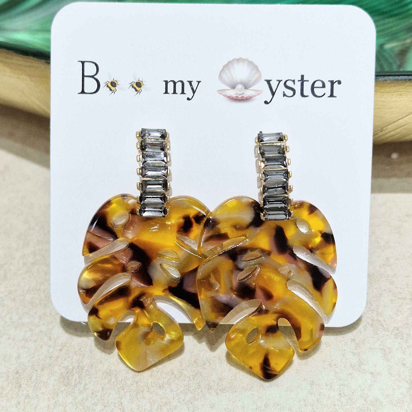 Amber Tortoise Shell Acrylic Palm Leaves Pierced Fashion Earrings