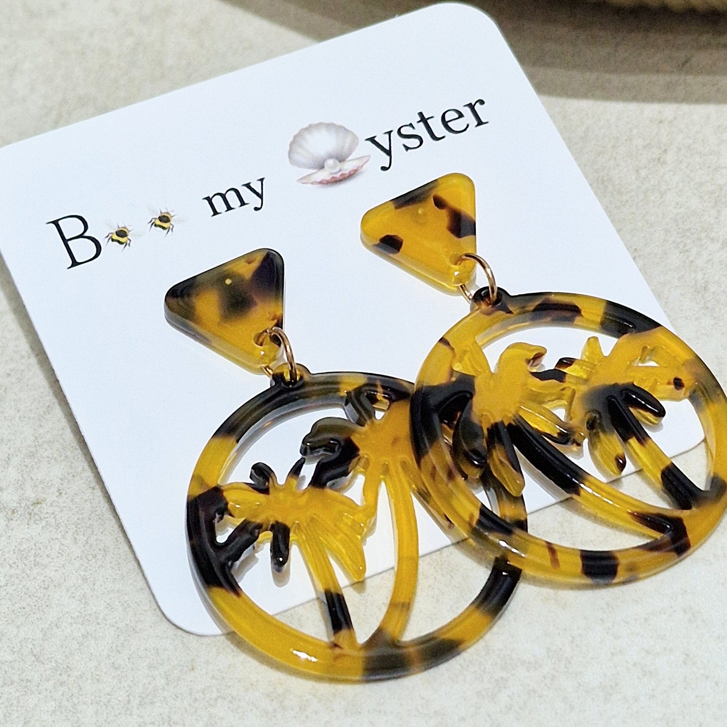 Tortoise Shell Brown Acrylic Palm Tree Pierced Drop Fashion Earrings