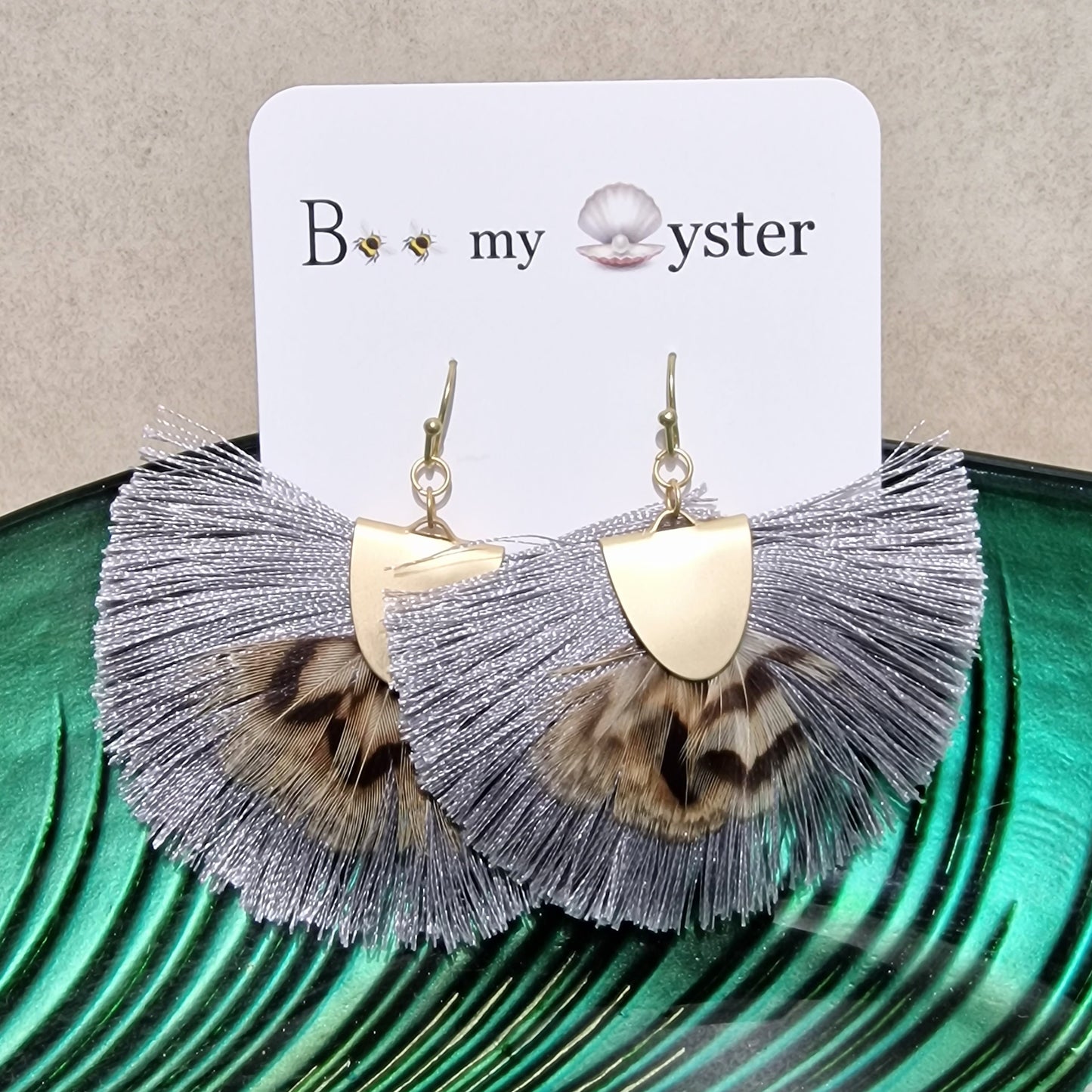 Stunning Grey Silk Fan Pierced Fashion Earrings