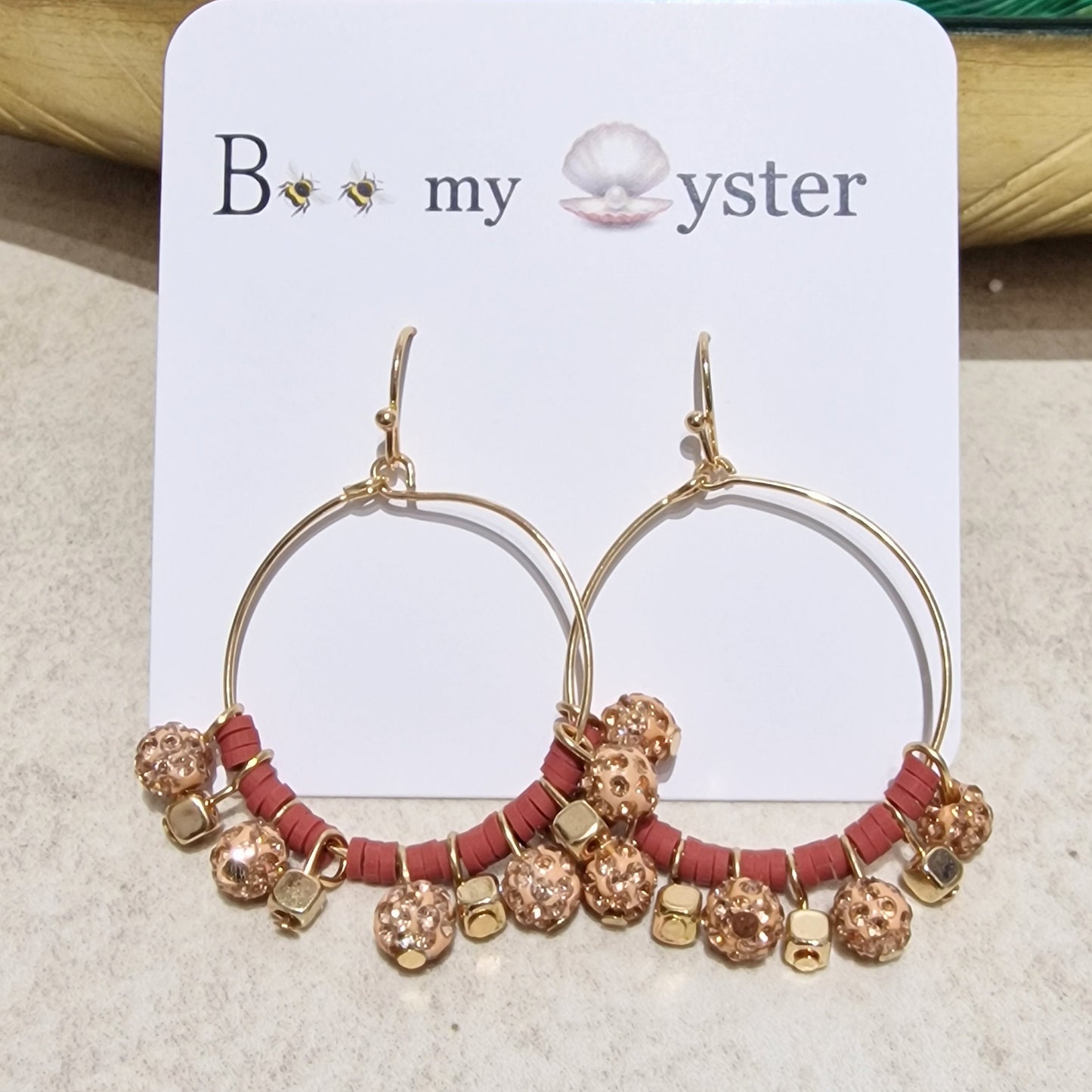 Rose Gold Crystal Ball Beaded Pierced Hoop Fashion Earrings