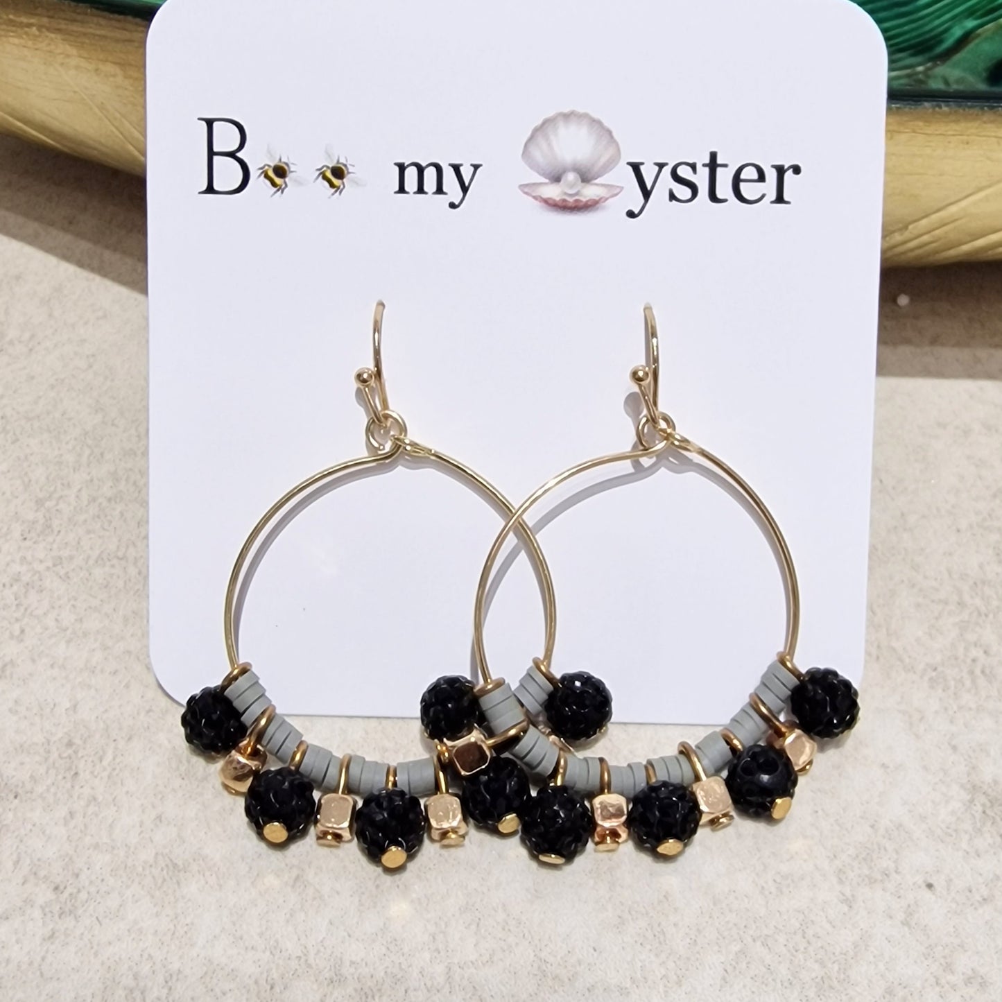 Black Grey Crystal Ball Beaded Pierced Hoop Fashion Earrings