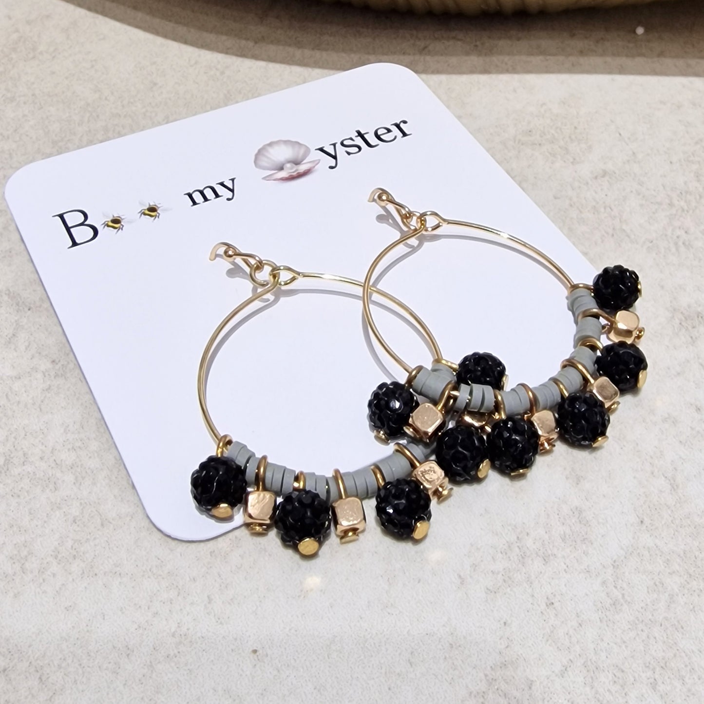 Black Grey Crystal Ball Beaded Pierced Hoop Fashion Earrings