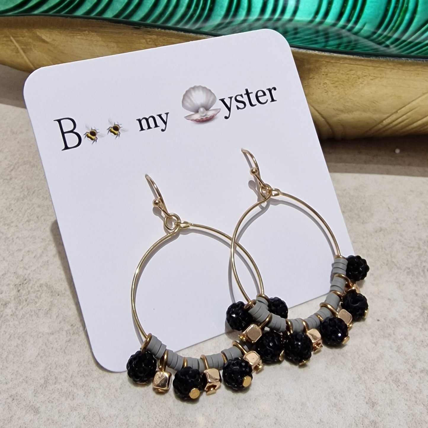 Black Grey Crystal Ball Beaded Pierced Hoop Fashion Earrings