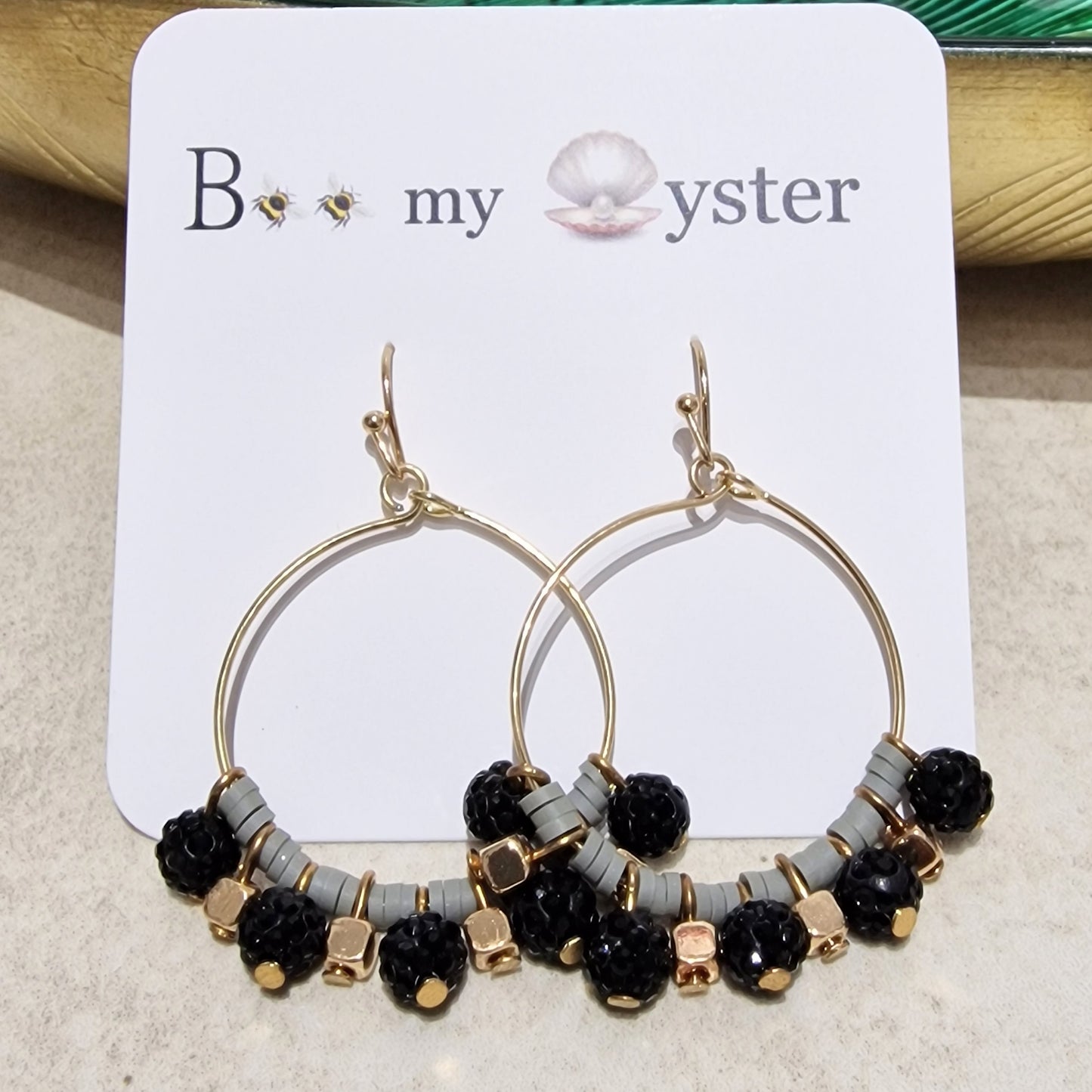 Black Grey Crystal Ball Beaded Pierced Hoop Fashion Earrings