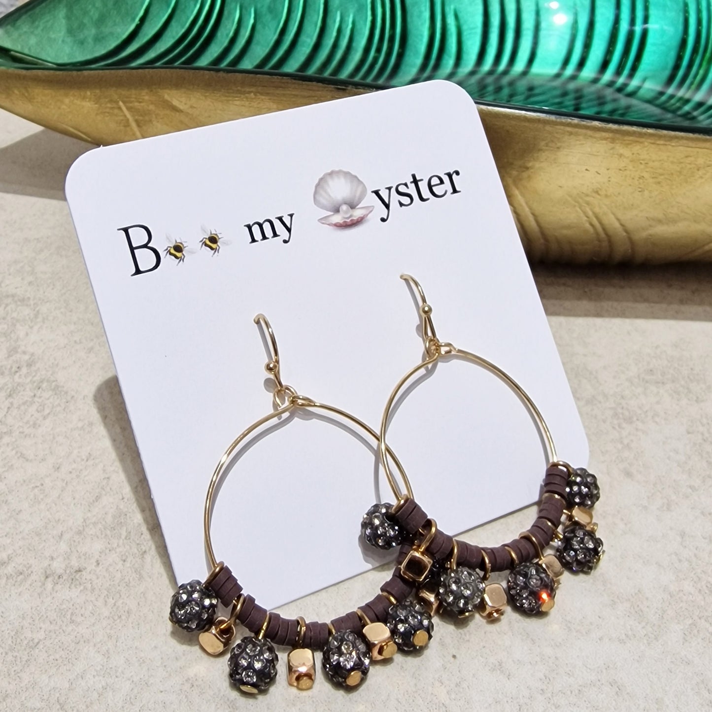 Black Diamond Crystal Ball Beaded Pierced Hoop Fashion Earrings