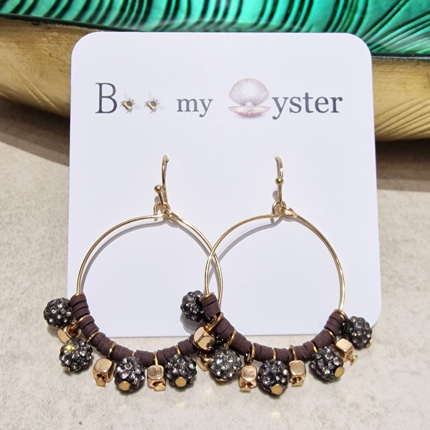Black Diamond Crystal Ball Beaded Pierced Hoop Fashion Earrings