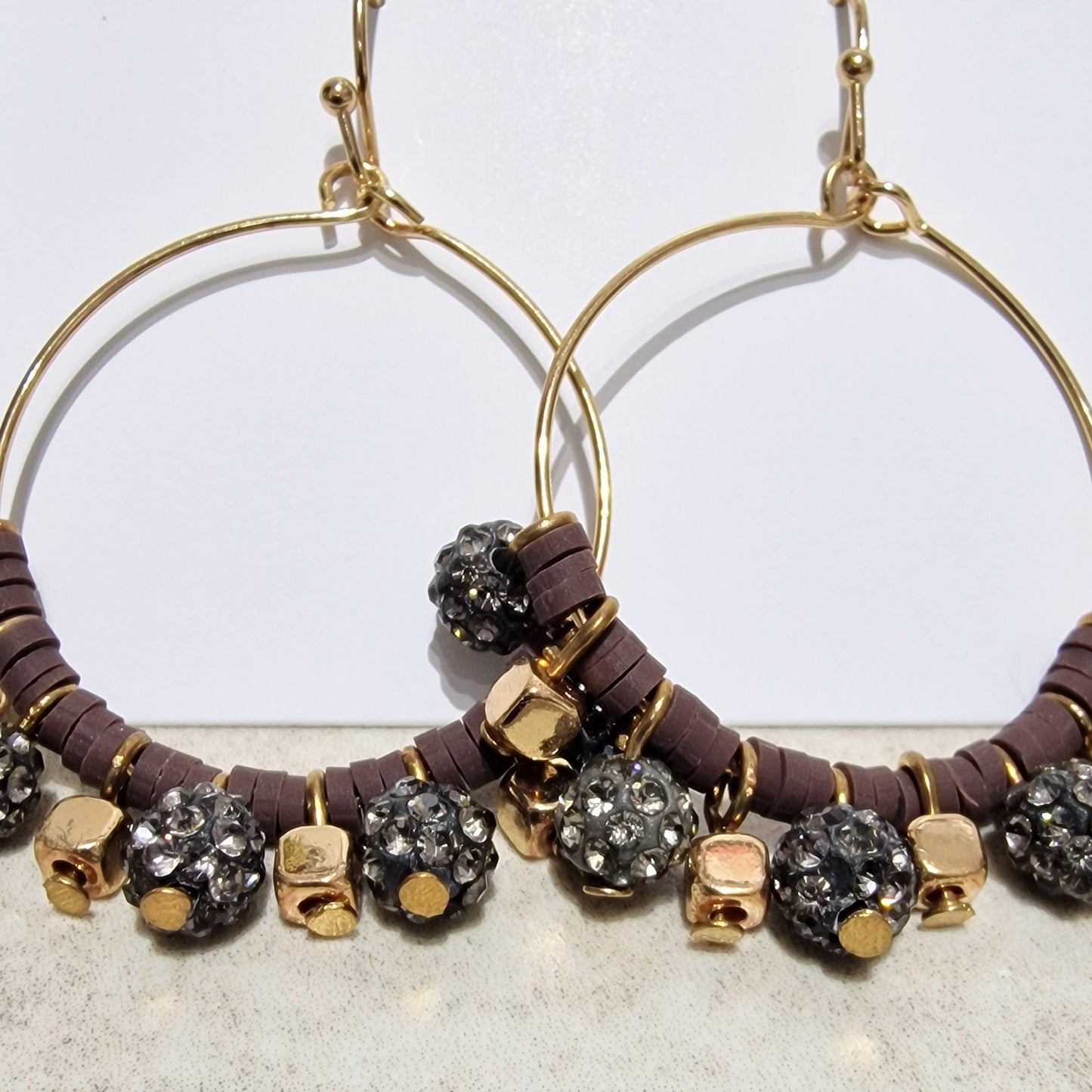Black Diamond Crystal Ball Beaded Pierced Hoop Fashion Earrings