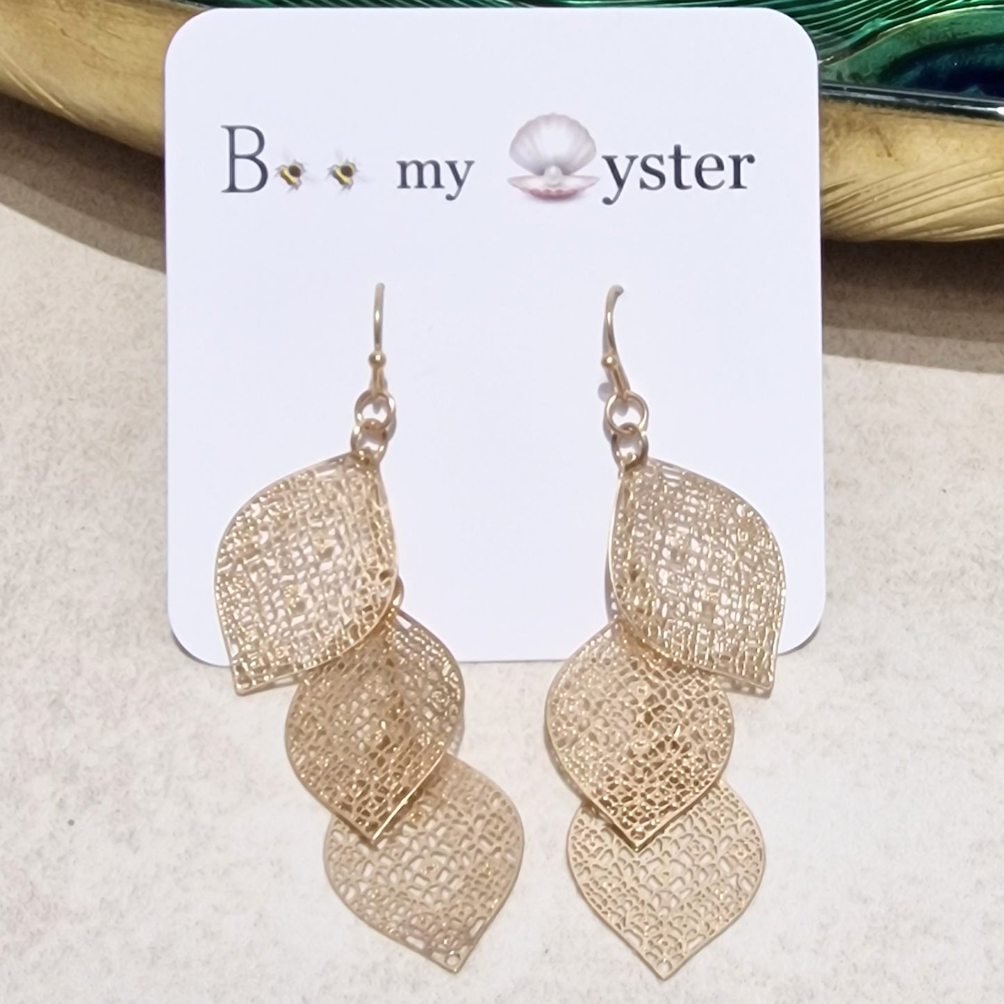 Gold Metal Lace Leaf Cascade Pierced Drop Fashion Earrings