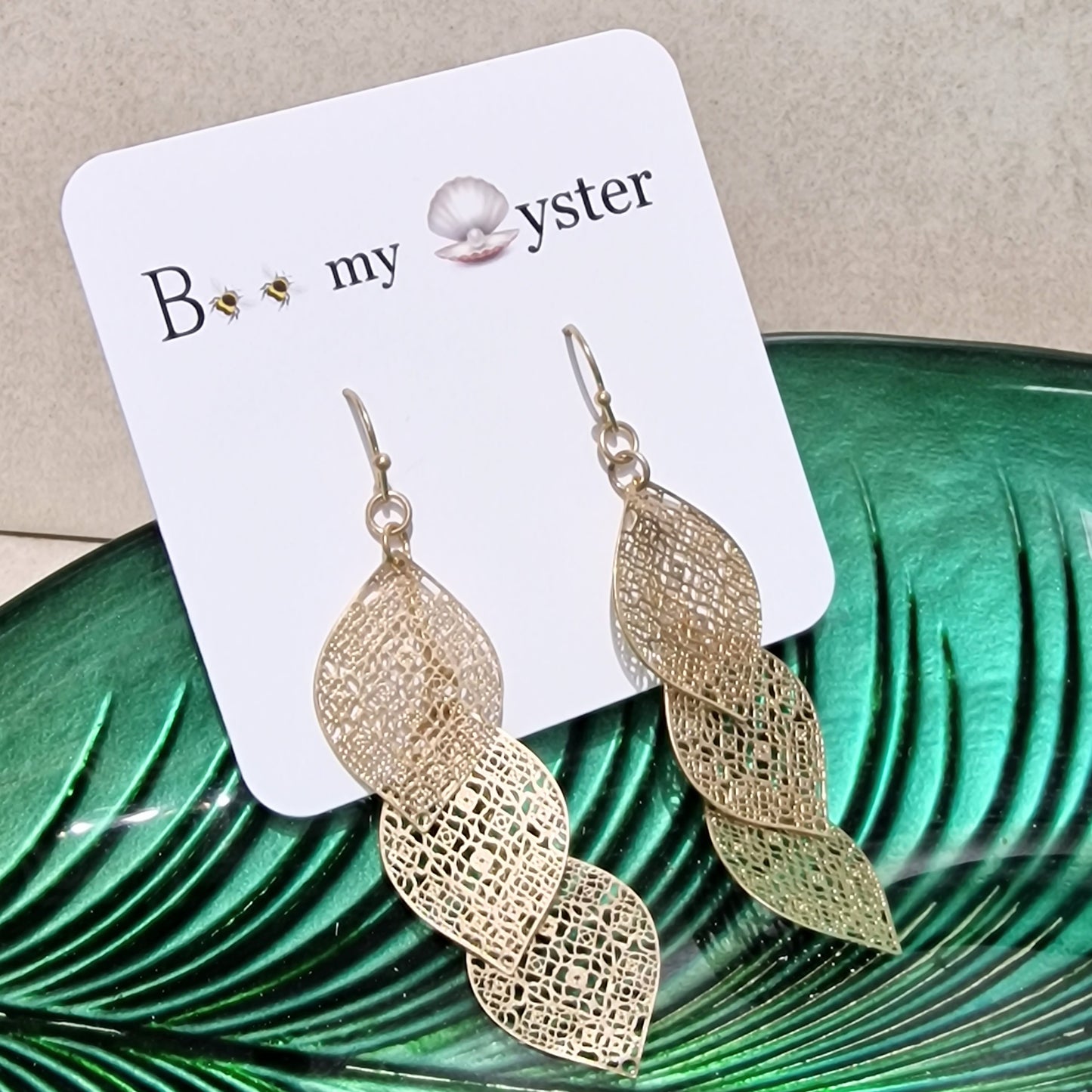 Gold Metal Lace Leaf Cascade Pierced Drop Fashion Earrings