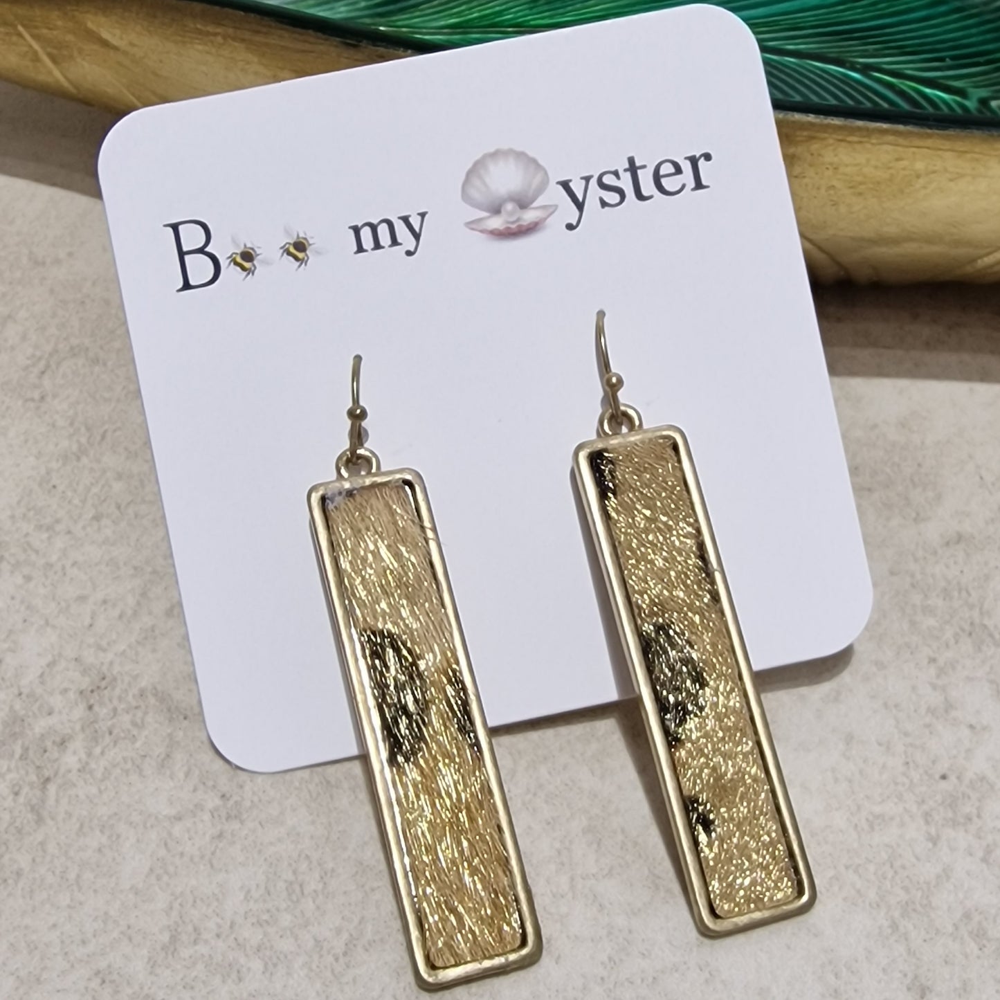 Gold Shimmer Leopard Print Pierced Drop Oblong Fashion Earrings