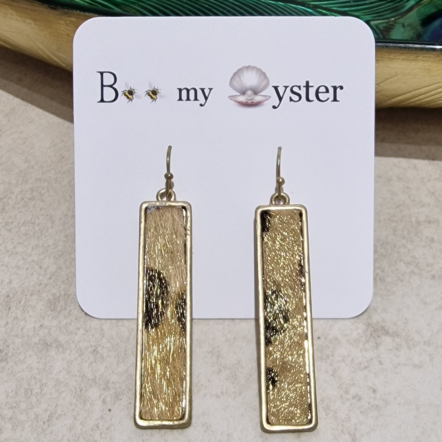 Gold Shimmer Leopard Print Pierced Drop Oblong Fashion Earrings