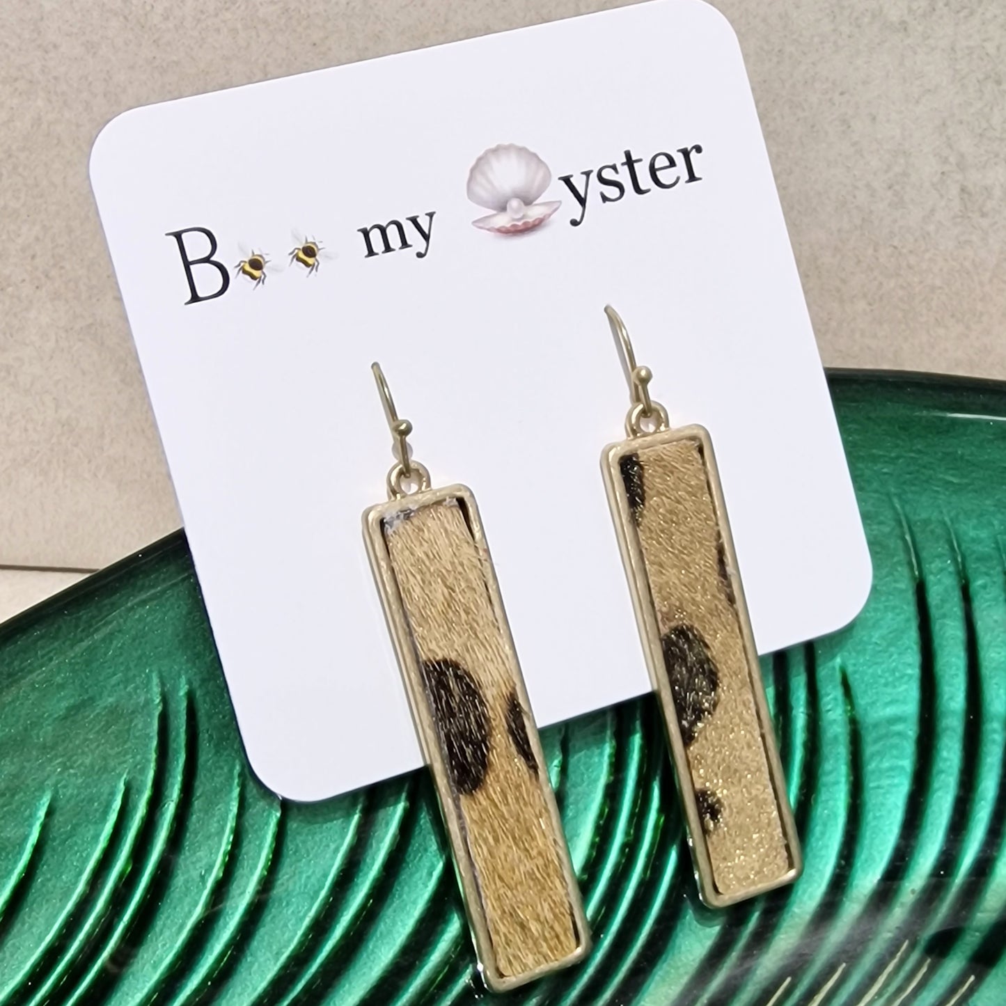 Gold Shimmer Leopard Print Pierced Drop Oblong Fashion Earrings