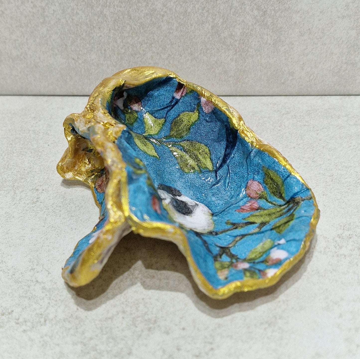 Blue Tit Bird Flower Blossom Special Oyster Shell Trinket Dish