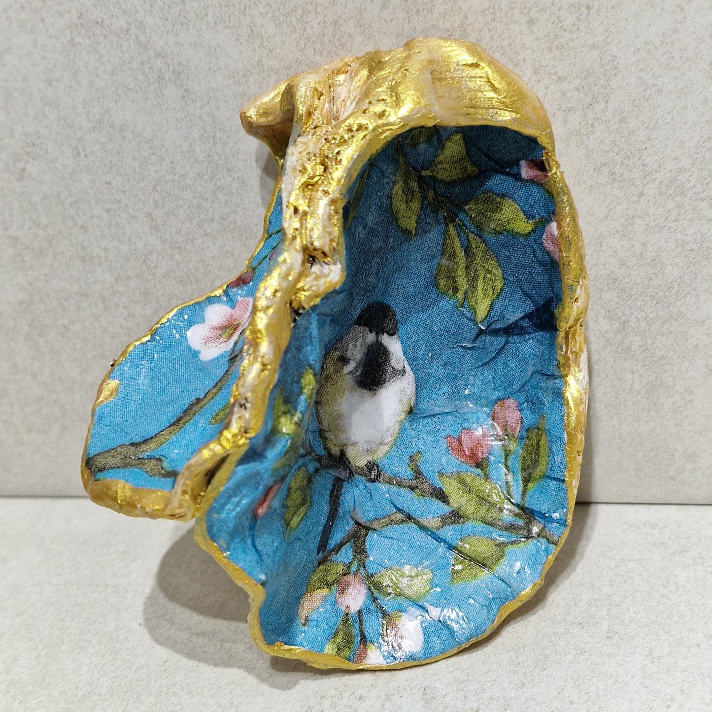 Blue Tit Bird Flower Blossom Special Oyster Shell Trinket Dish
