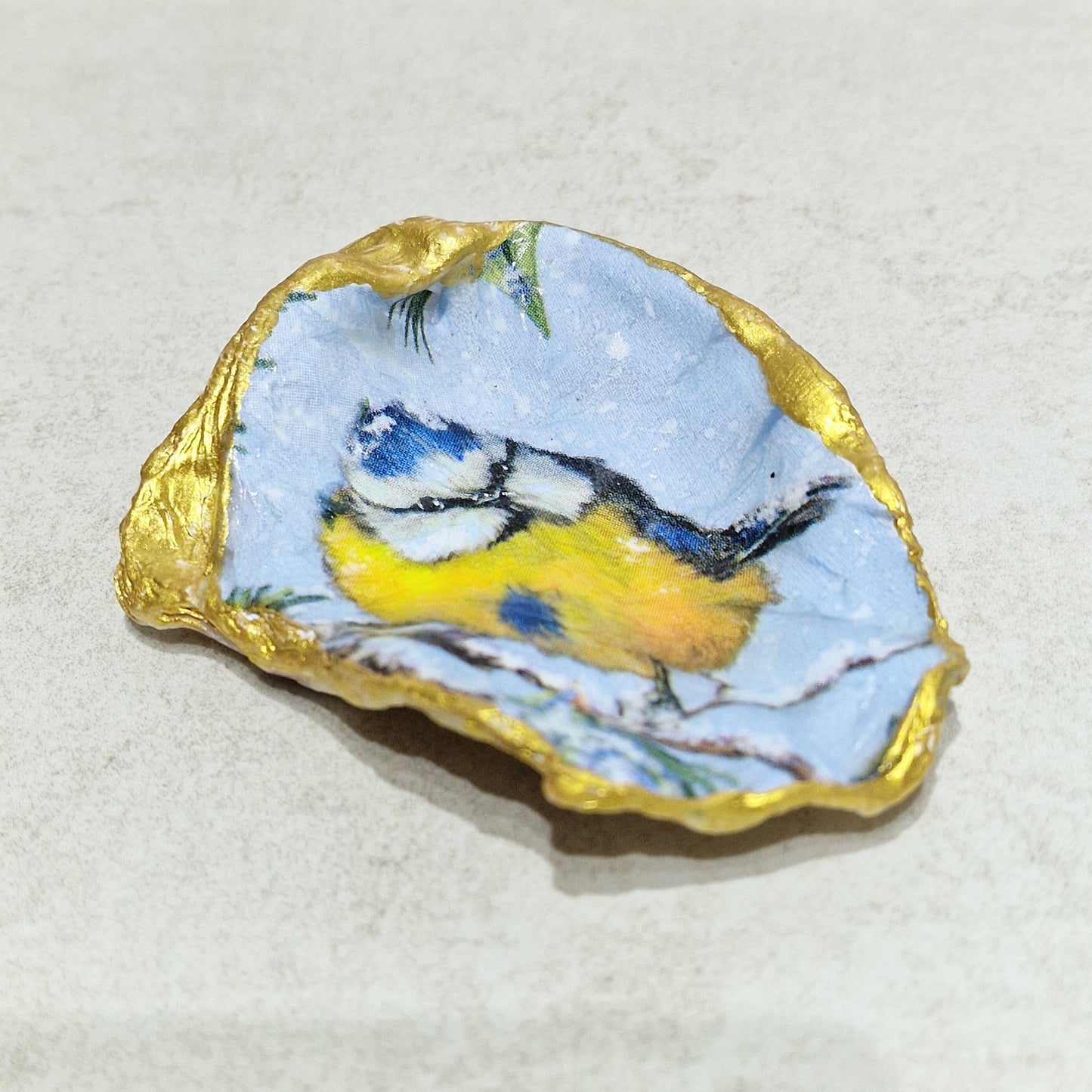 Winter Blue Tit Bird in Snow Oyster Shell Trinket Dish