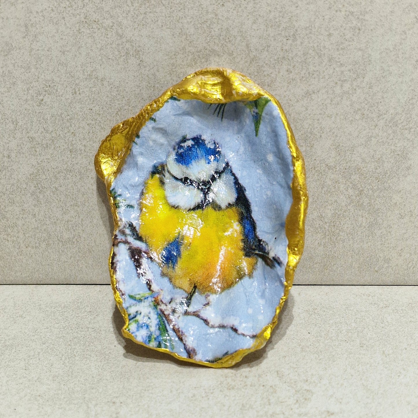 Winter Blue Tit Bird in Snow Oyster Shell Trinket Dish