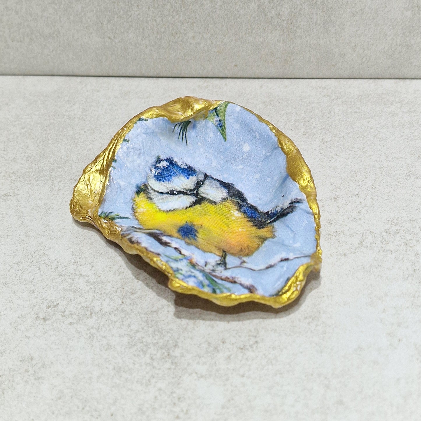 Winter Blue Tit Bird in Snow Oyster Shell Trinket Dish
