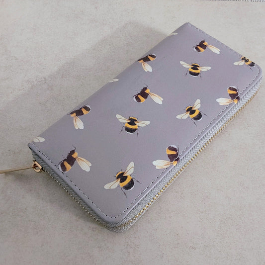 Bumble Bee Grey Zip Up Purse Wallet Busy Bee 7" x 3" Gift