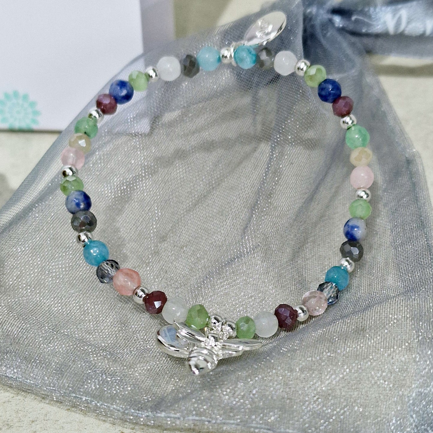 Bee & Crystal Charm Coloured Beaded Silver Plated Bracelet