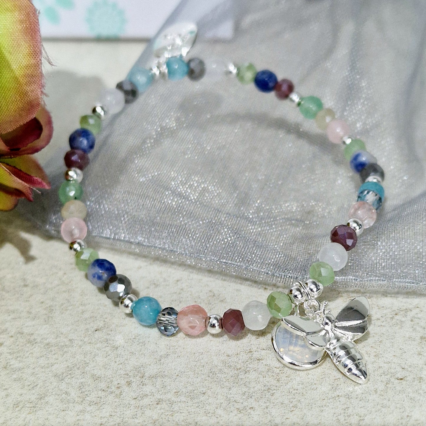 Bee & Crystal Charm Coloured Beaded Silver Plated Bracelet