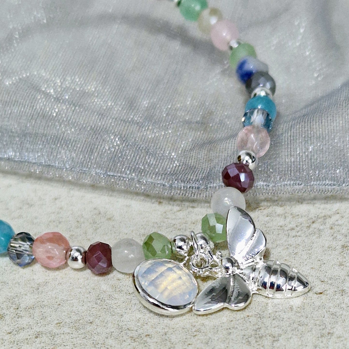 Bee & Crystal Charm Coloured Beaded Silver Plated Bracelet