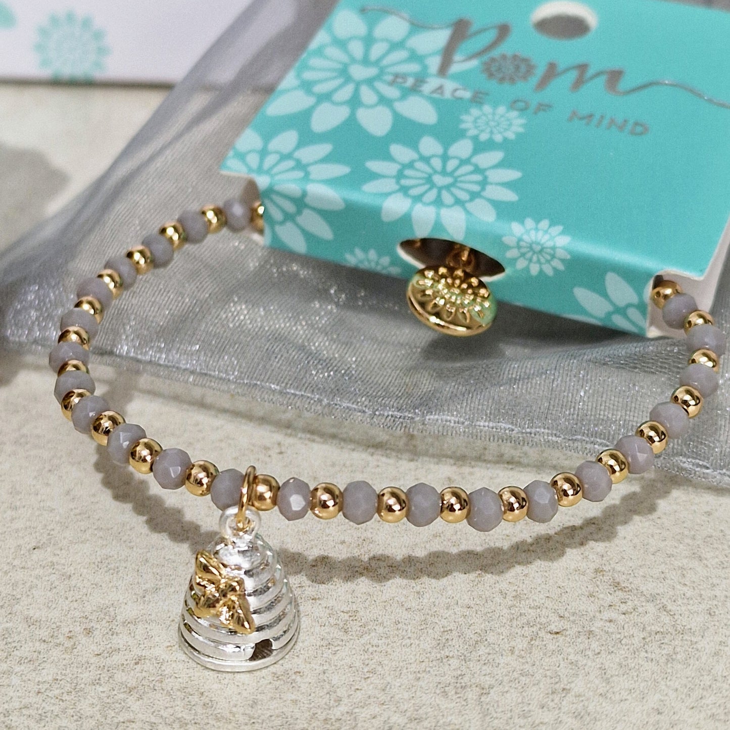 Detailed Honey Bee Beehive Stretch Taupe Bracelet