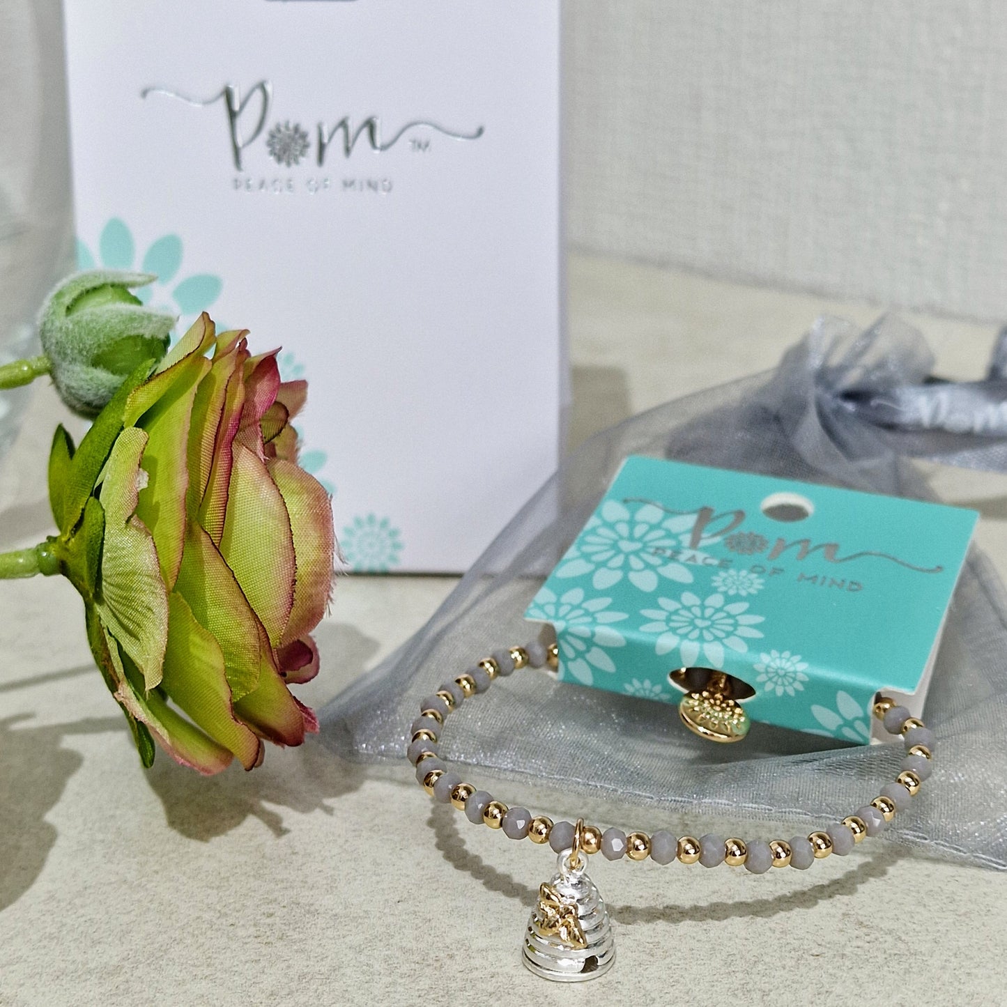 Detailed Honey Bee Beehive Stretch Taupe Bracelet