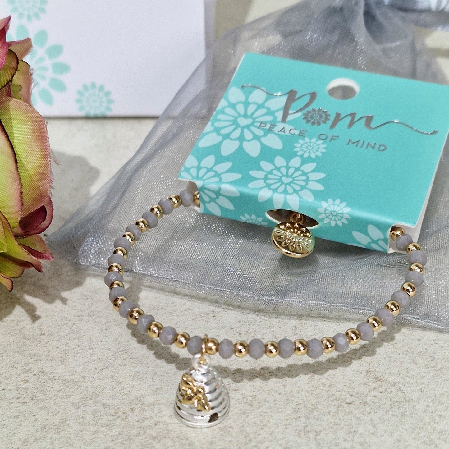 Detailed Honey Bee Beehive Stretch Taupe Bracelet