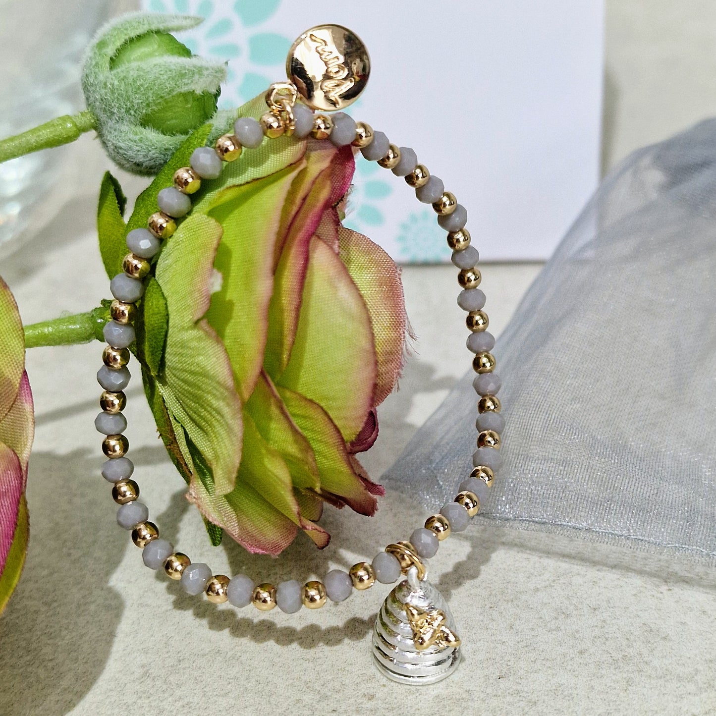 Detailed Honey Bee Beehive Stretch Taupe Bracelet