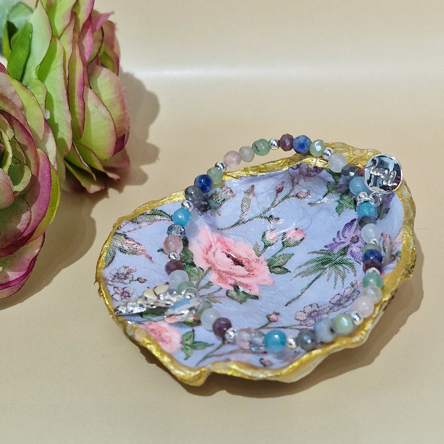 Shabby Chic Lilac Pink Flower Oyster Shell Trinket Dish