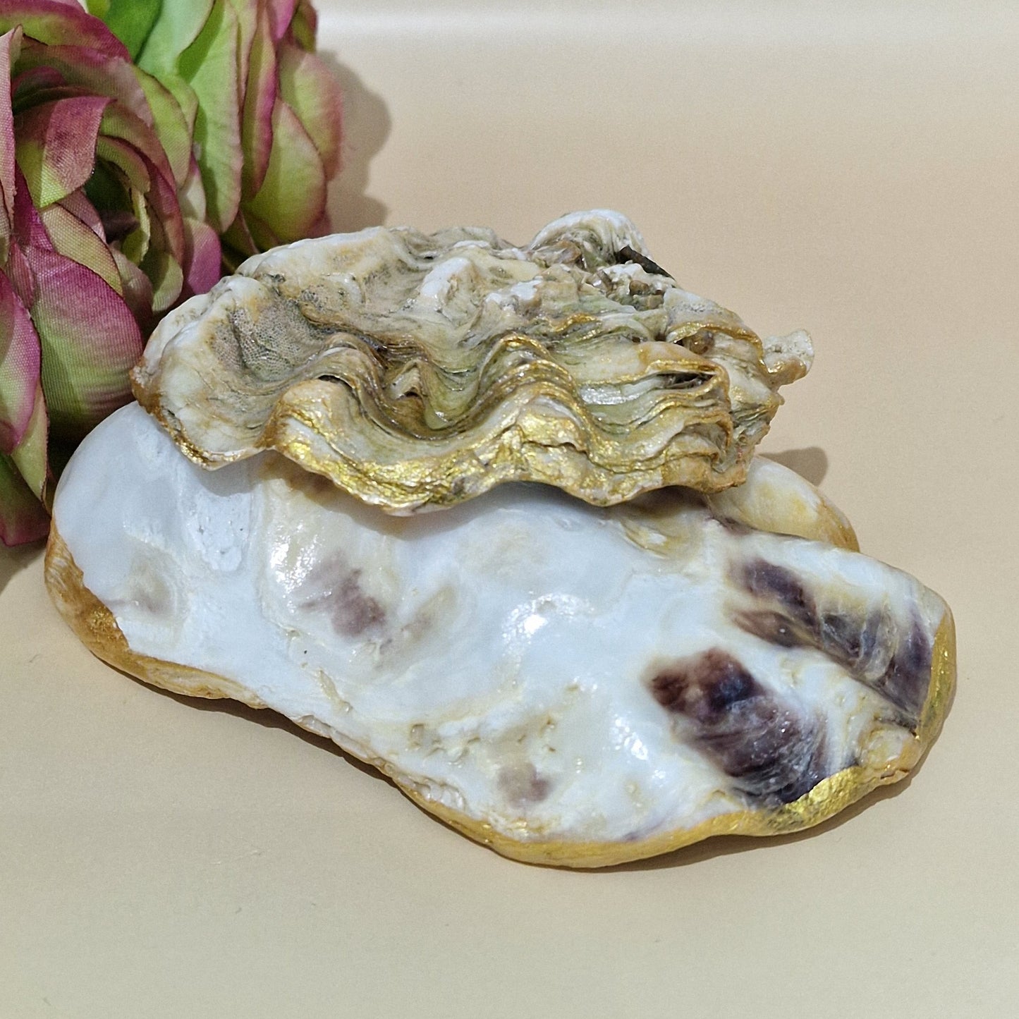 Orange Butterfly Pink Flower Oyster Shell Trinket Dish