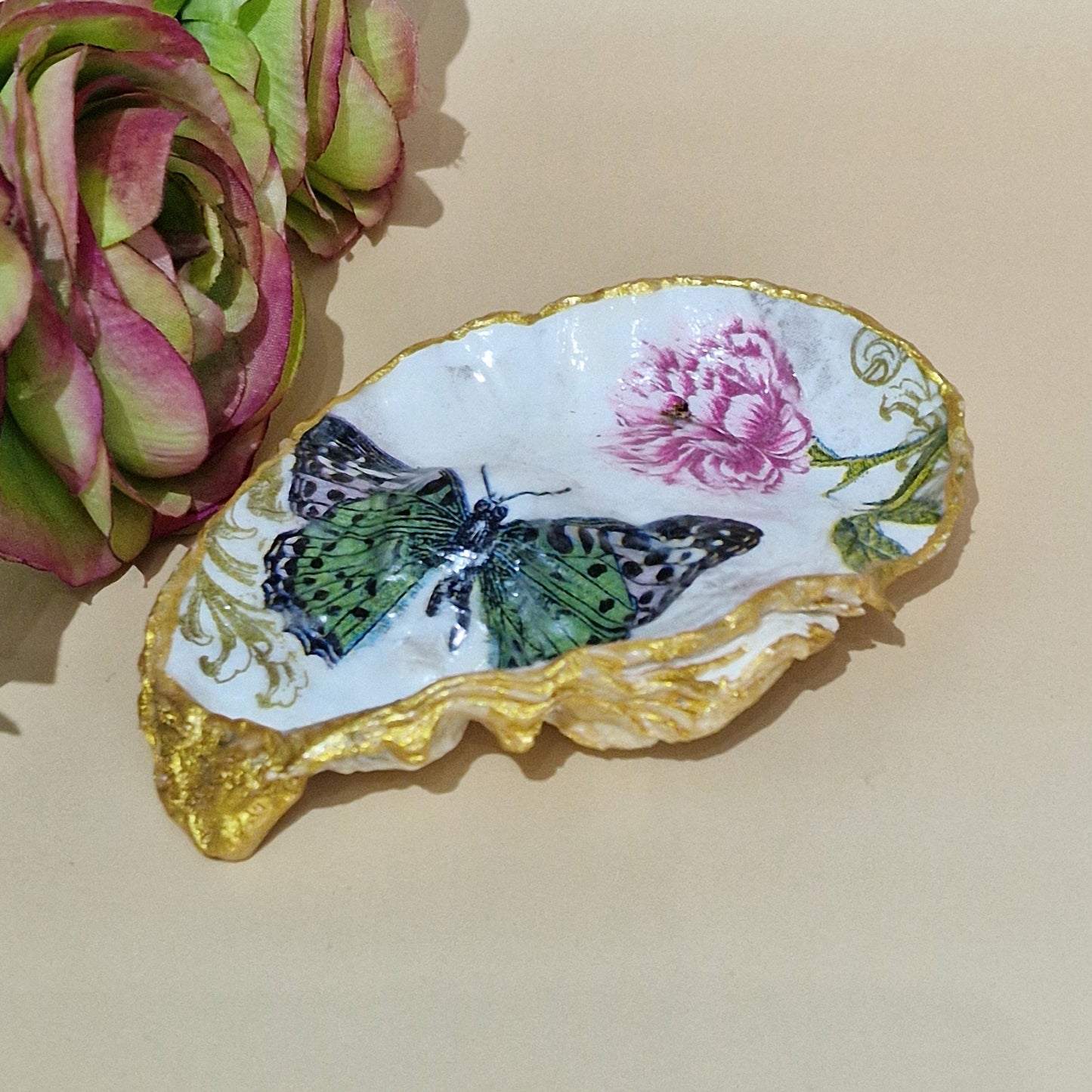 Green Butterfly Rose Flower Oyster Shell Trinket Dish