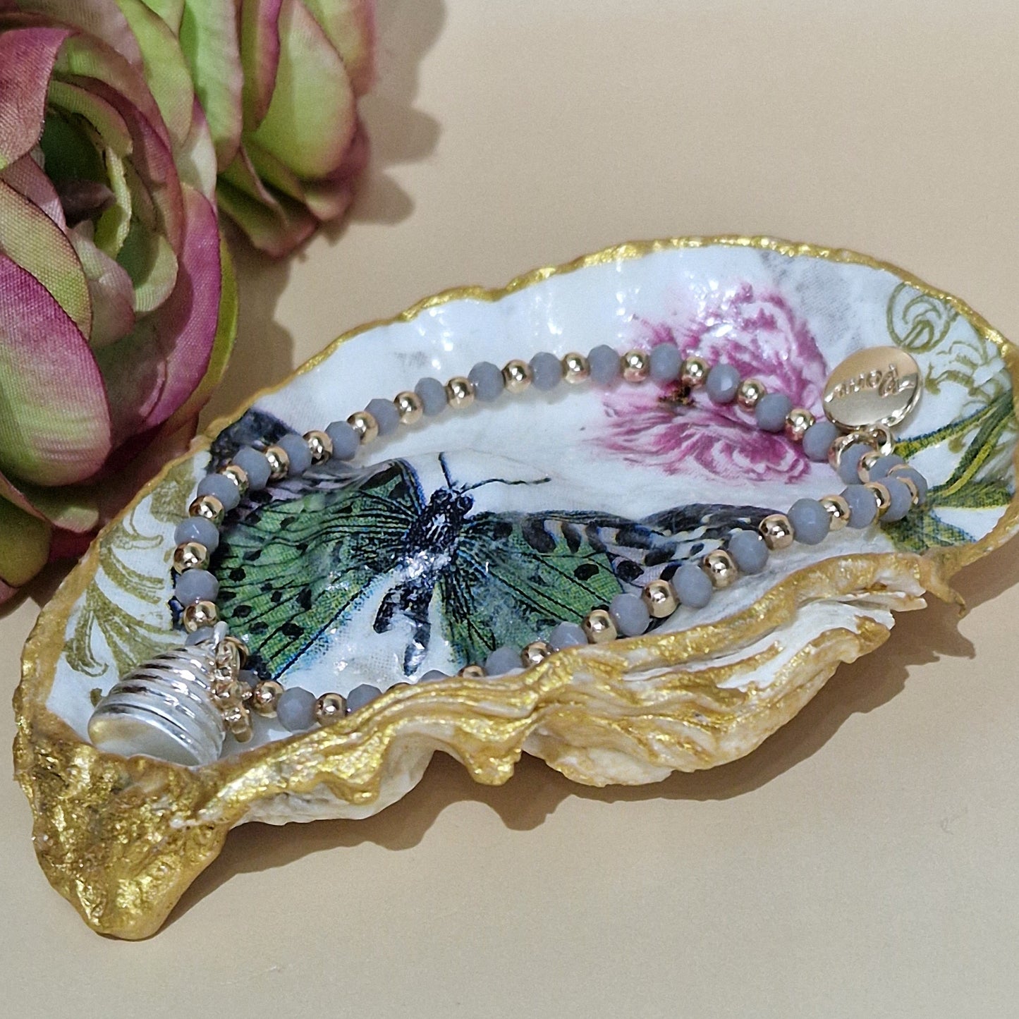 Green Butterfly Rose Flower Oyster Shell Trinket Dish