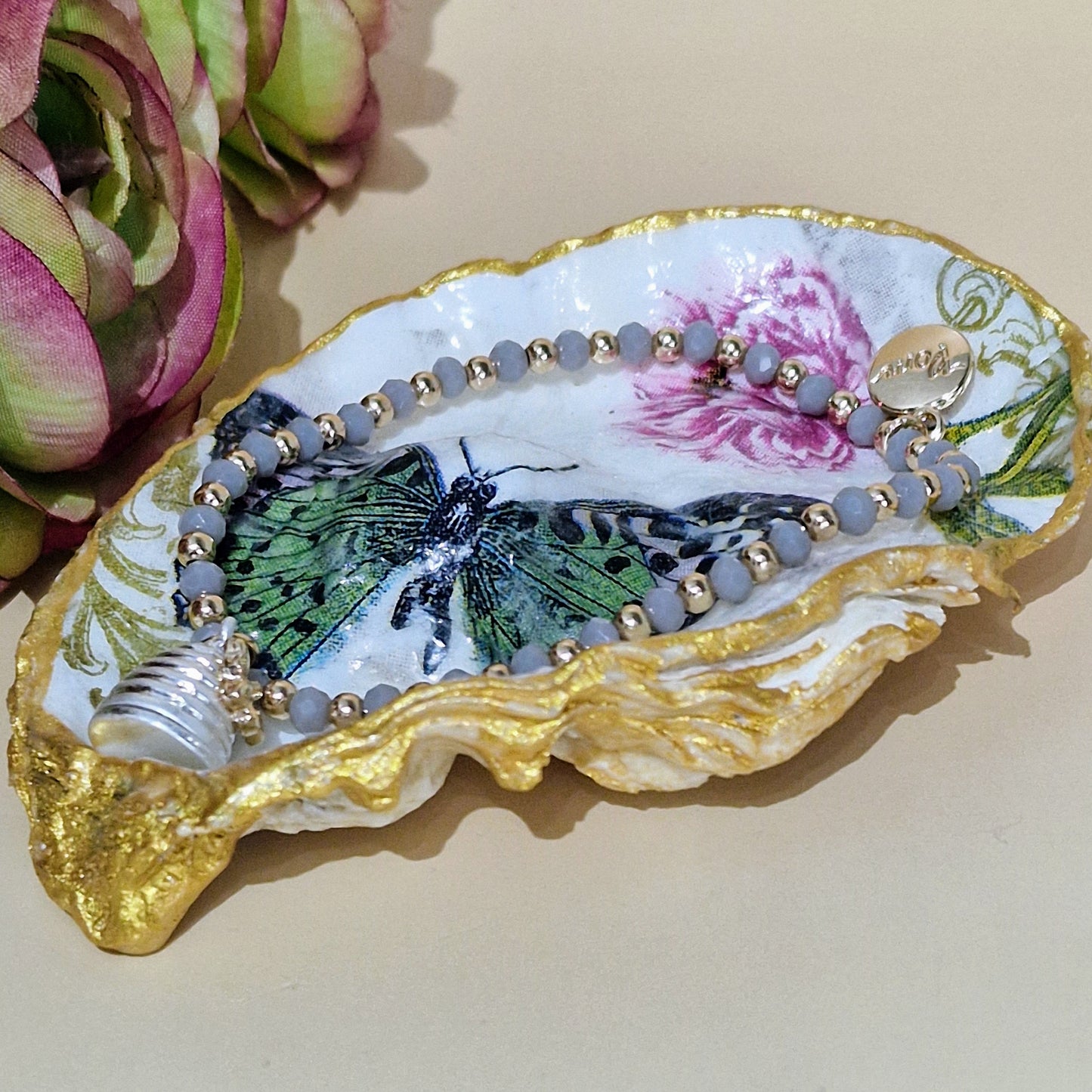 Green Butterfly Rose Flower Oyster Shell Trinket Dish