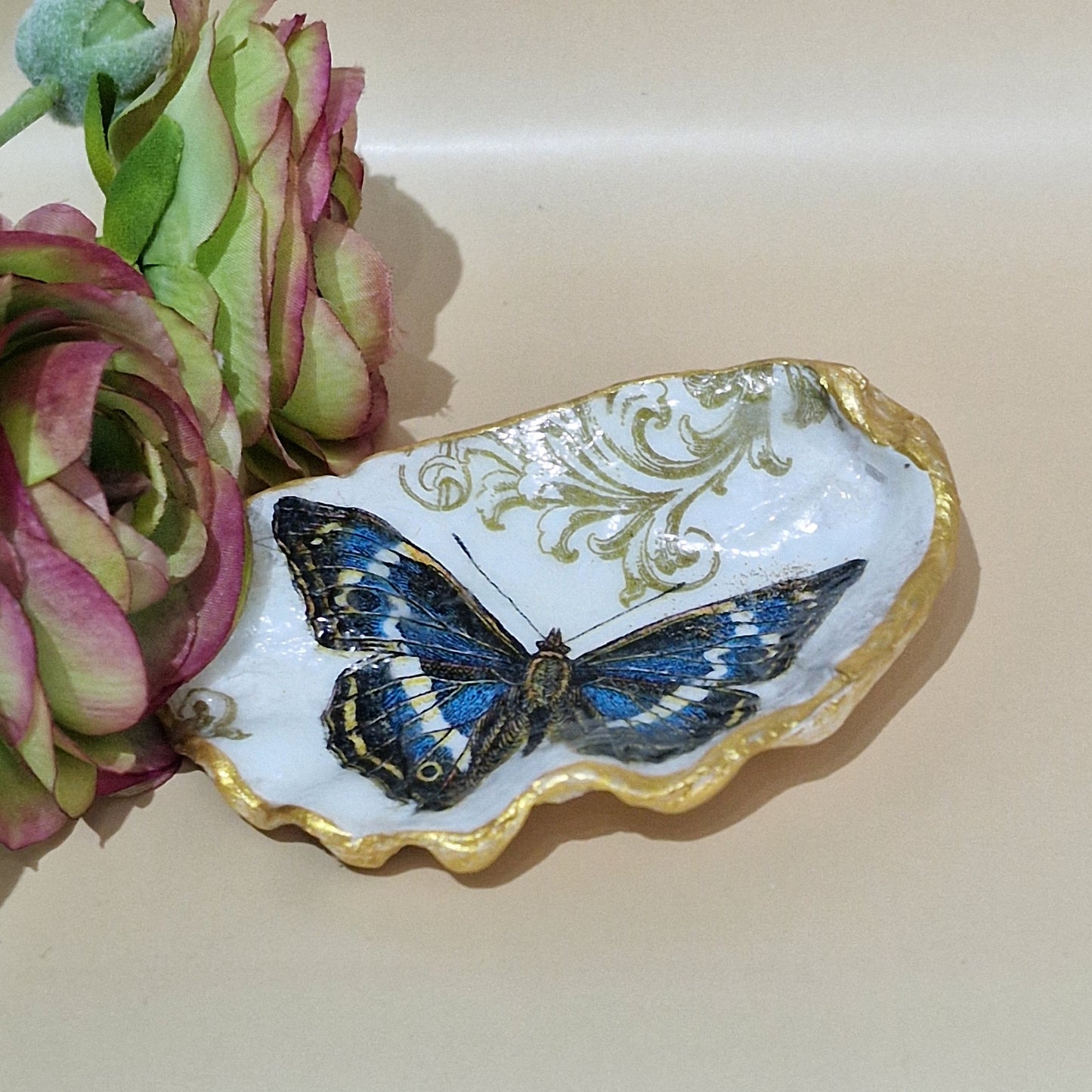 Blue Butterfly Pink Flower Oyster Shell Trinket Dish