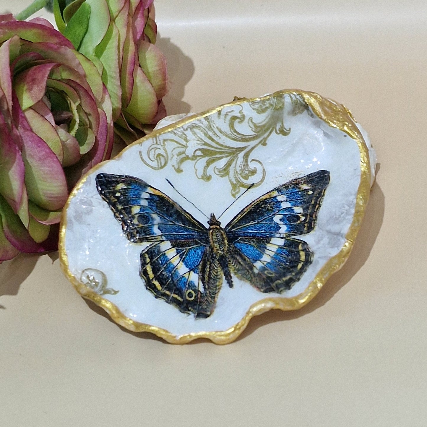 Blue Butterfly Pink Flower Oyster Shell Trinket Dish