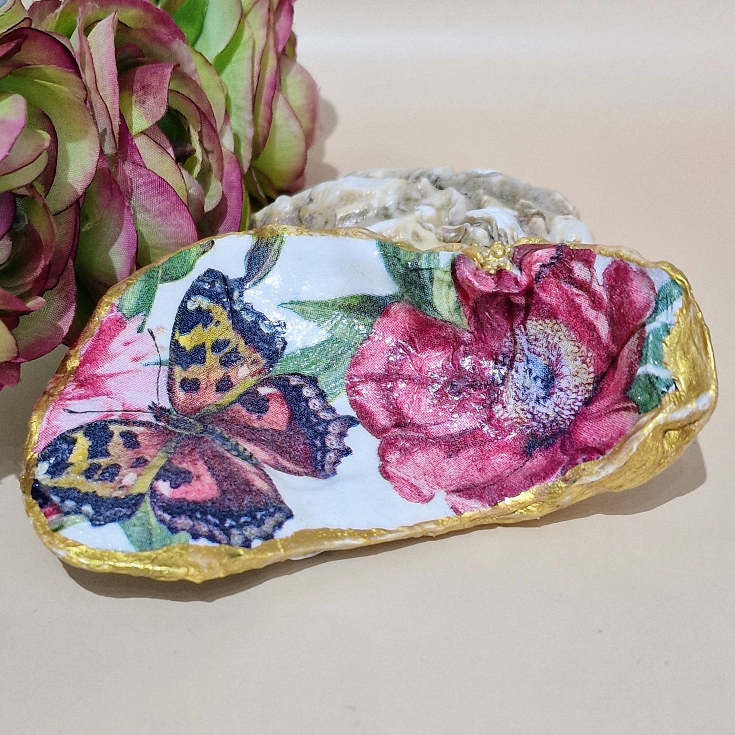 Red Admiral Butterfly Rose Flower Oyster Shell Trinket Dish