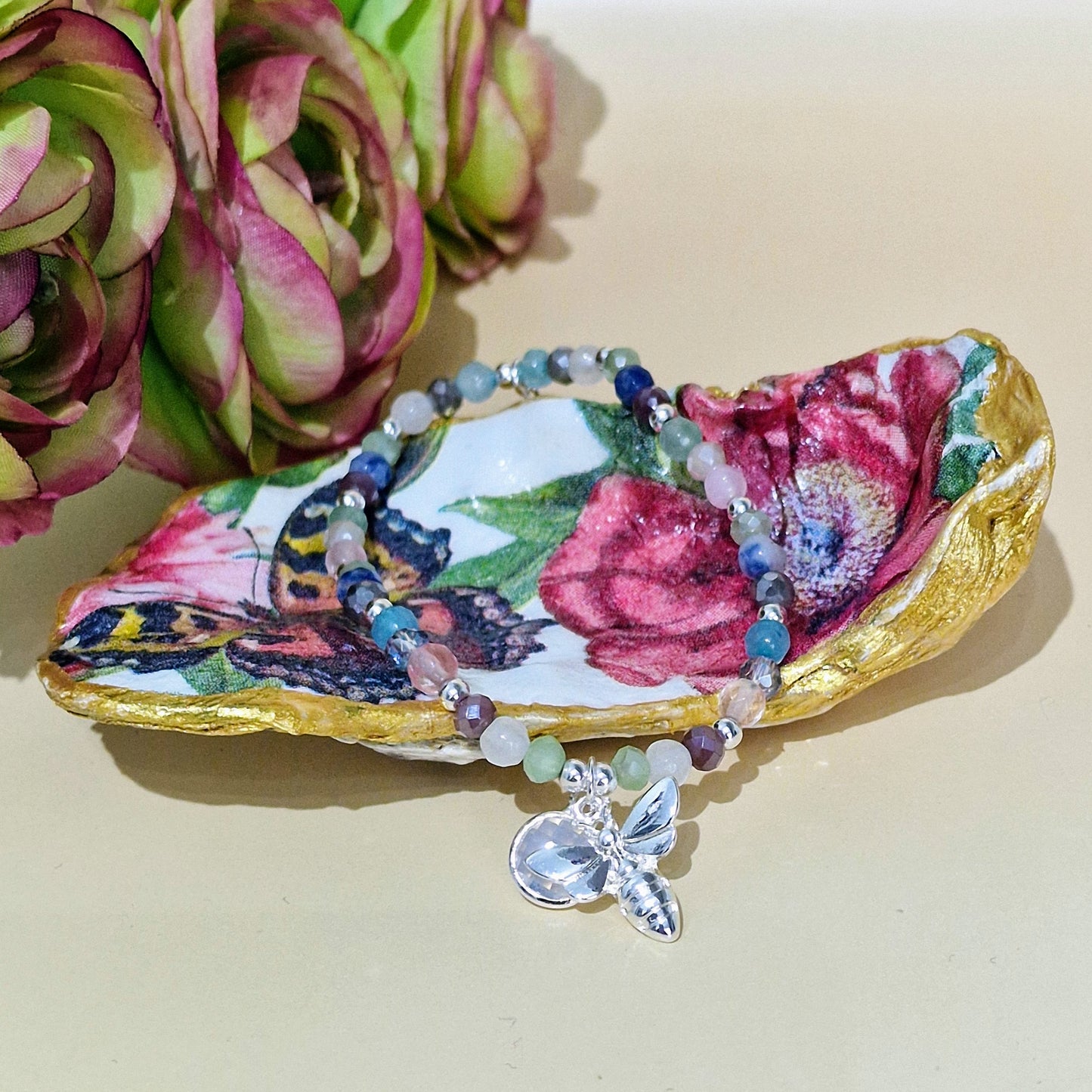 Red Admiral Butterfly Rose Flower Oyster Shell Trinket Dish