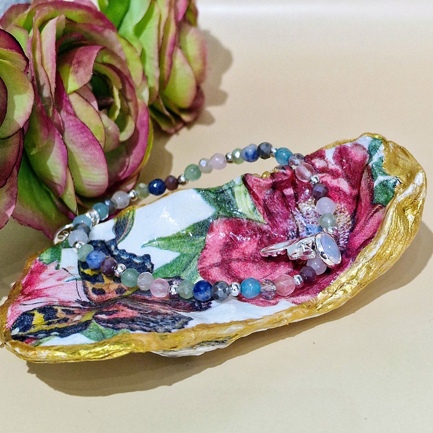 Red Admiral Butterfly Rose Flower Oyster Shell Trinket Dish