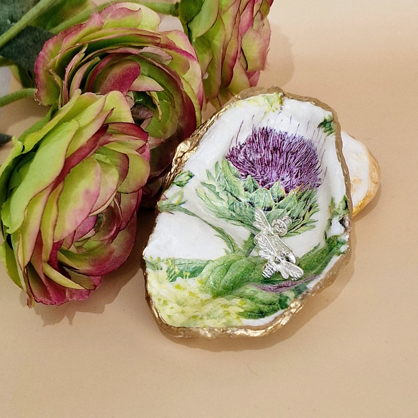 Scotland Thistle Flowers Small Oyster Shell Trinket Dish