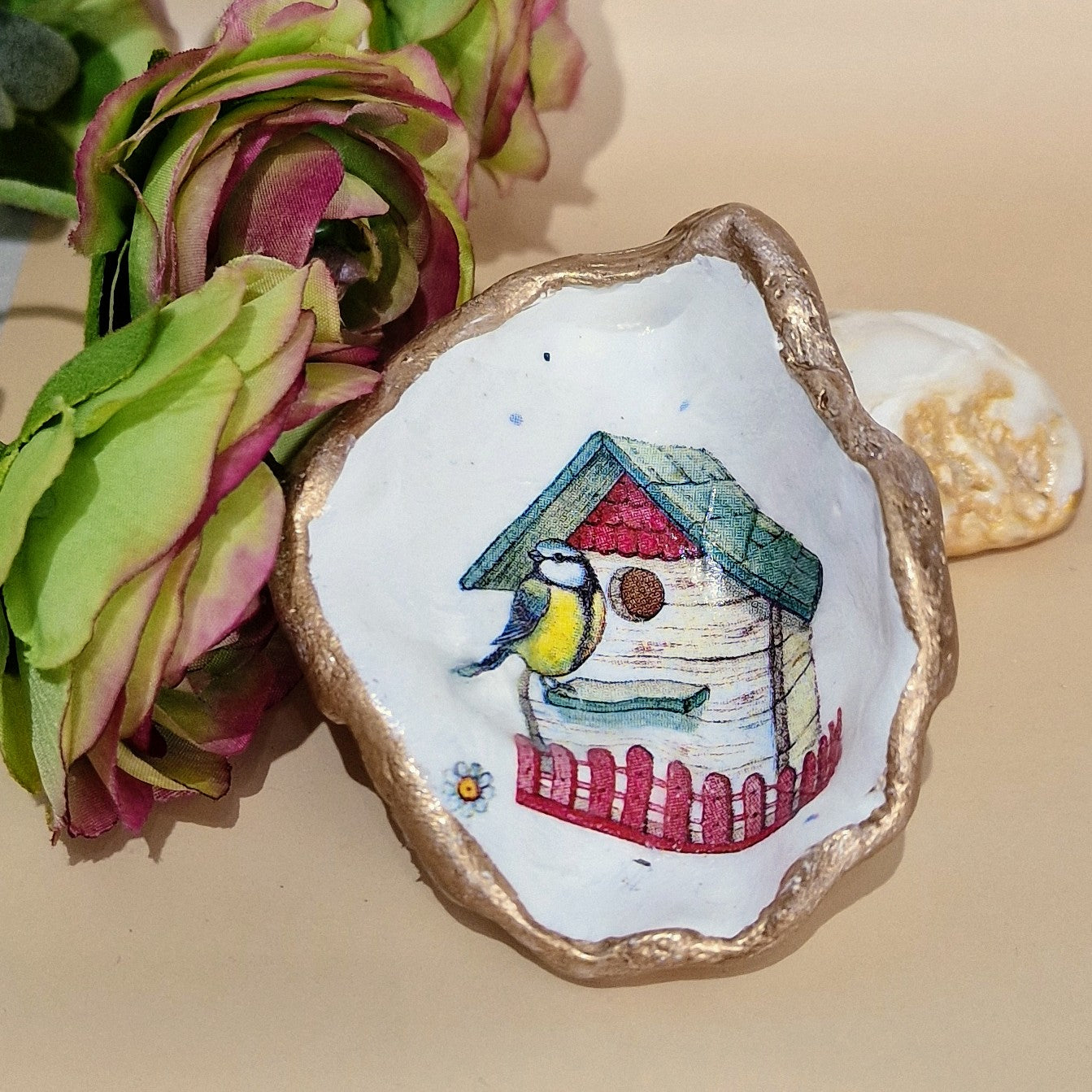 Blue Tit Bird House Small Oyster Shell Trinket Dish